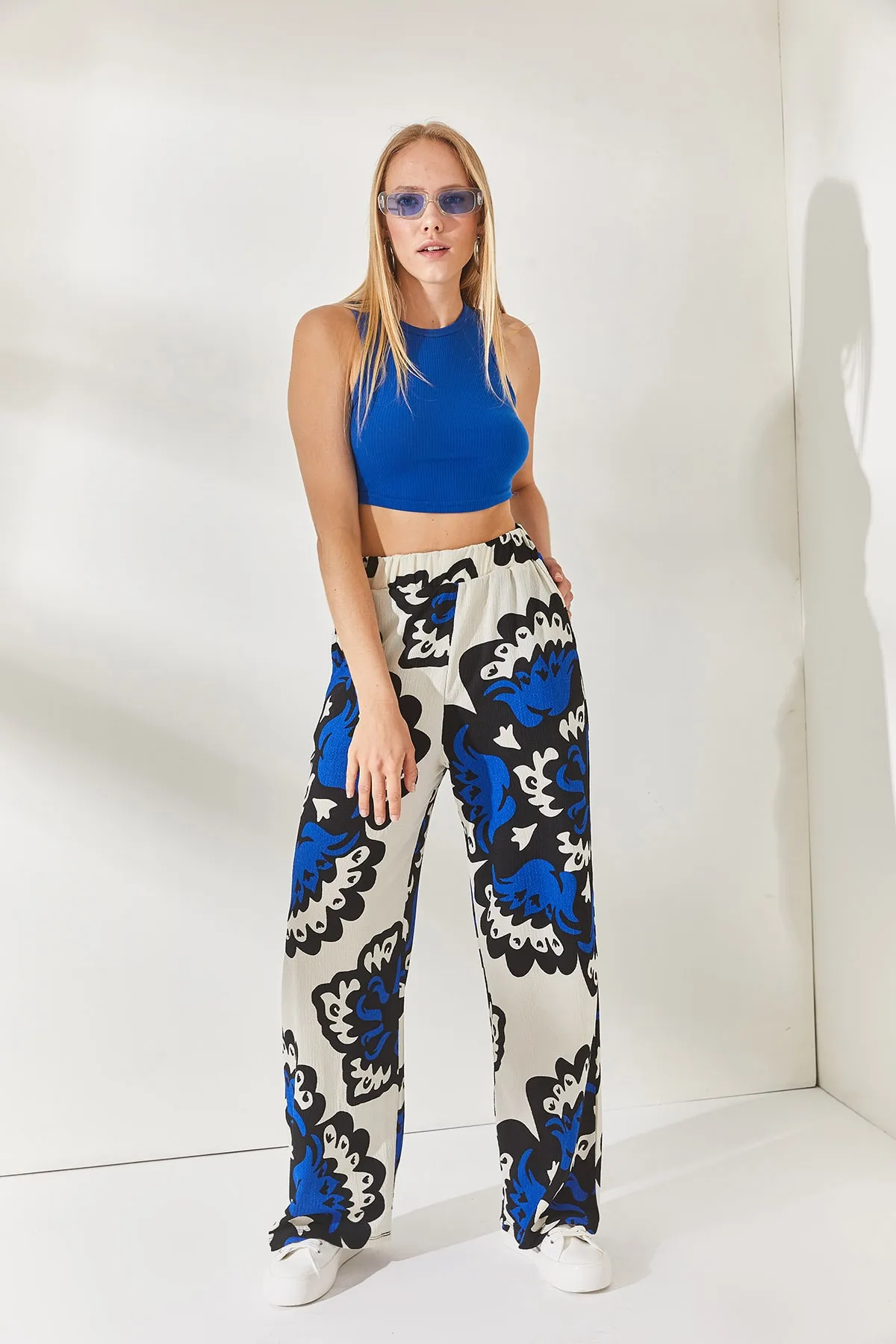 Olalook  Saks Blue Stone Palazzo-Hose mit elastischem Bund und Taschenmuster, PNT-19000225
