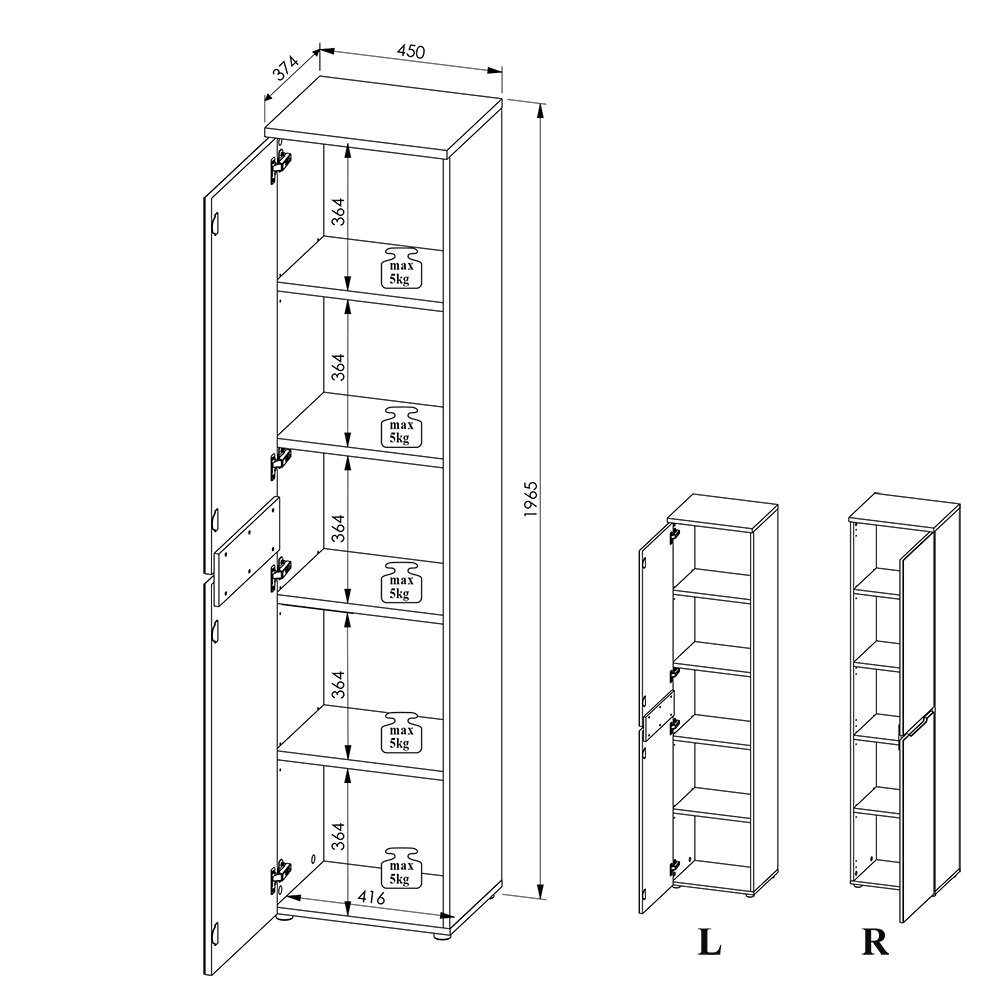 Lomadox Stauraumschrank MANRESA-36 1-türig, rechts/links montierbar, graphit mit Eiche, 45cm breit