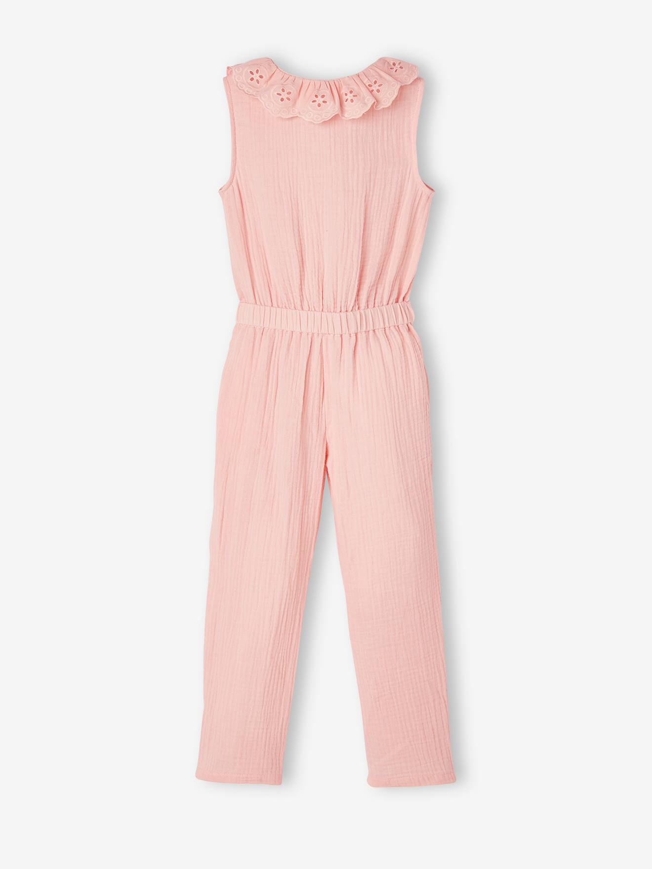 Combinaison longue en gaze de coton fille col en broderie anglaise rose pâle