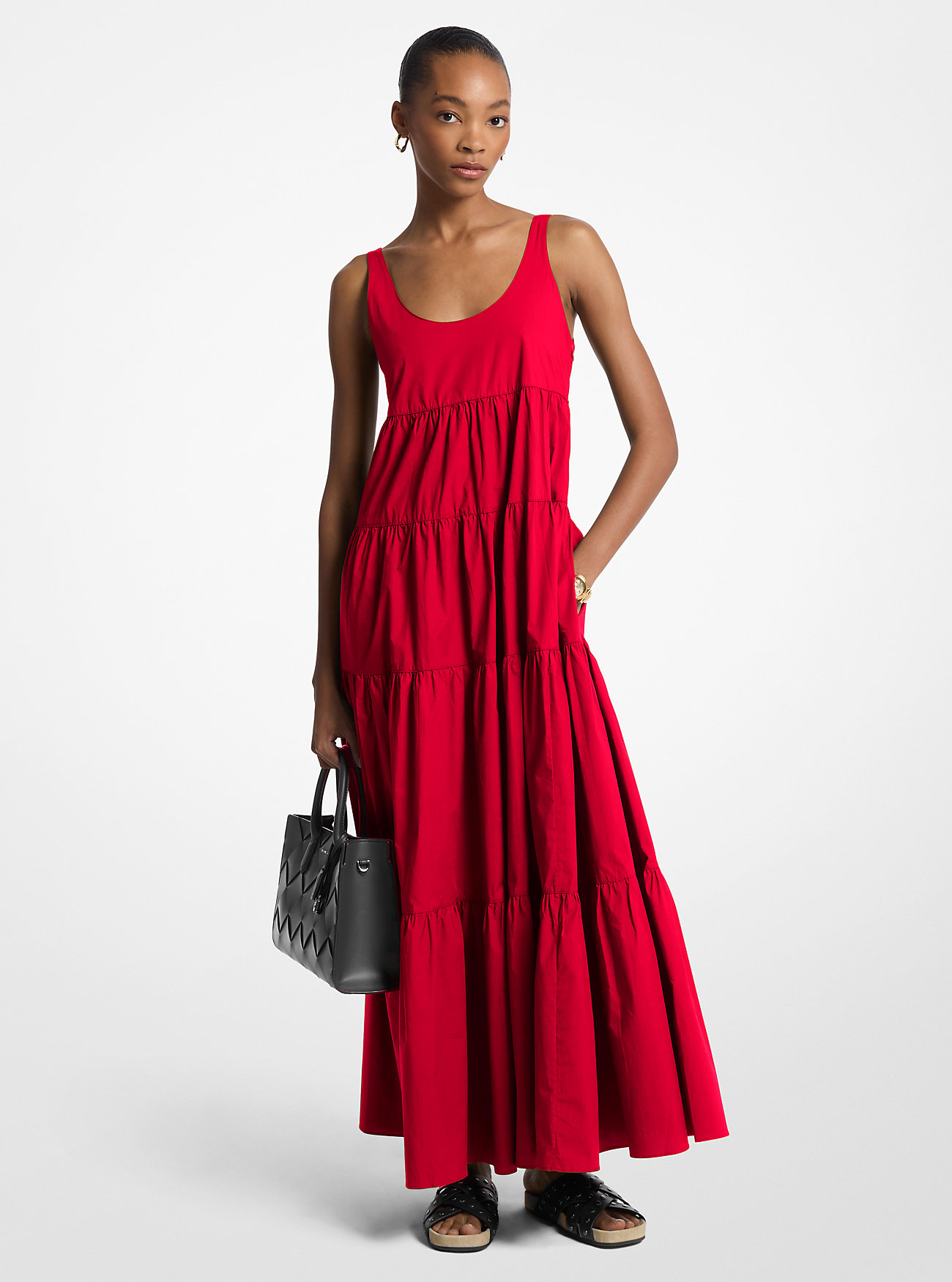 Stretch Cotton Tiered Dress - CRIMSON