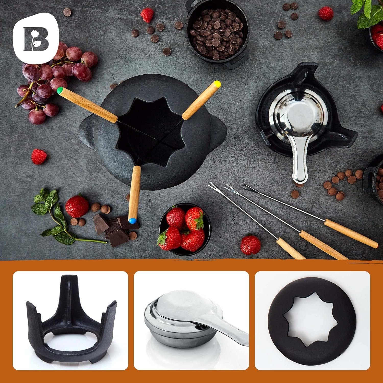 Bonvivre Raclette und Fondue-Set für 6 Personen, 1 Liter, 13-teilig mit Brenner und 6 Gabeln, Käsefondue Schokofondue Fleischfondue Gemüsefondue