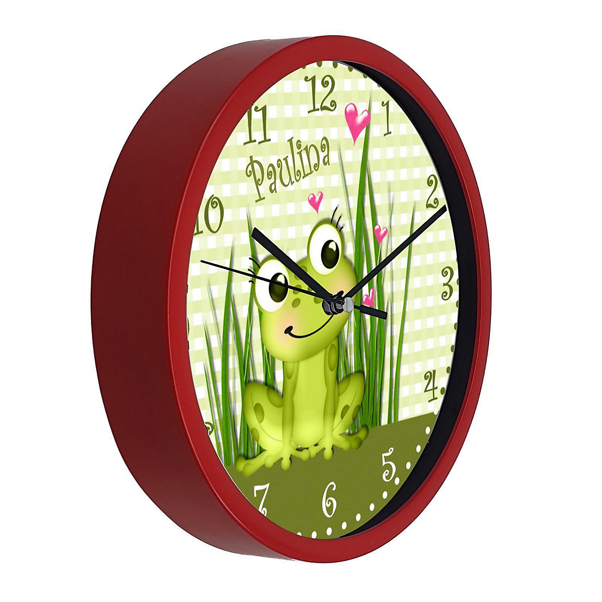 Kinder Wanduhr laufruhig personalisiert mit Name Frosch-Graß-Karo