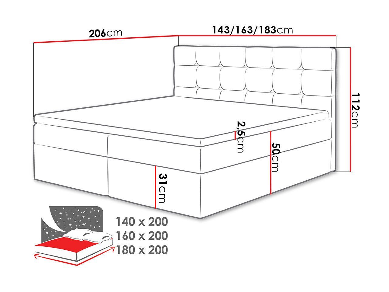 Mirjan24 Boxspringbett Luanda (Bonell-Matratze und Topperr), mit zwei Bettkästen für die Bettwäsche