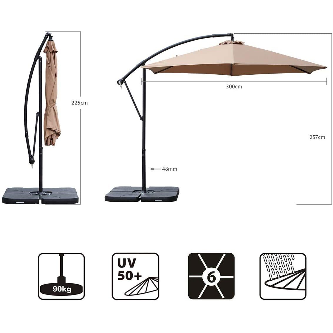 Sekey Ampelschirm 300 cm Sonnenschirm mit Ständer ohne Platten, Gartenschirm mit Kurbel, LxB: 300,00x300,00 cm, Sonnenschutz UV50+