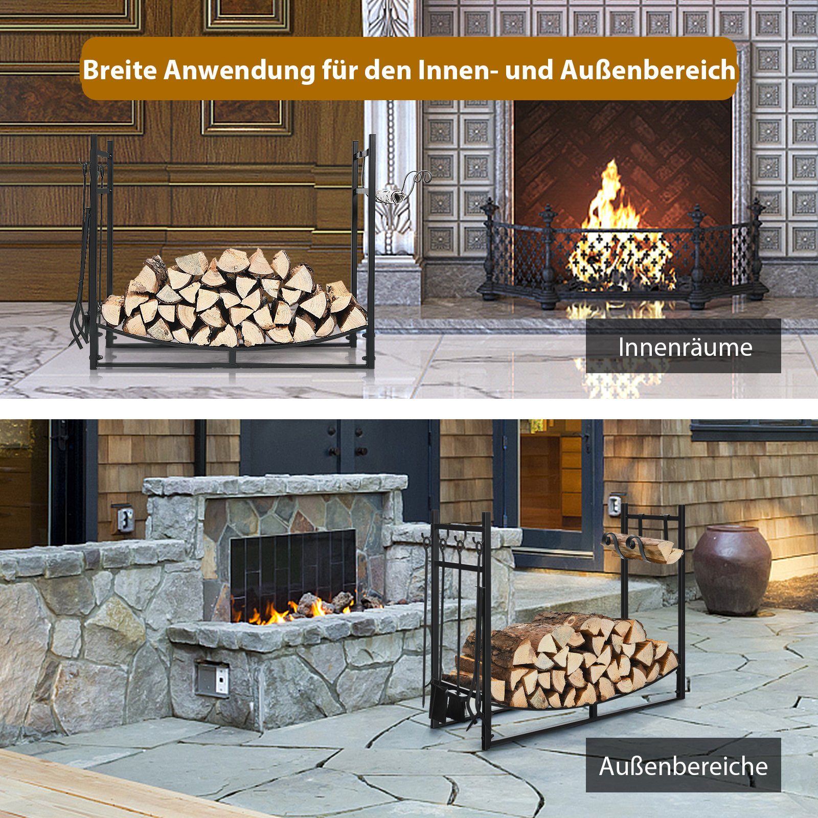 COSTWAY Kaminholzregal, BxTxH:33x90x76 cm, mit 4 tlg. Kaminbesteck Set