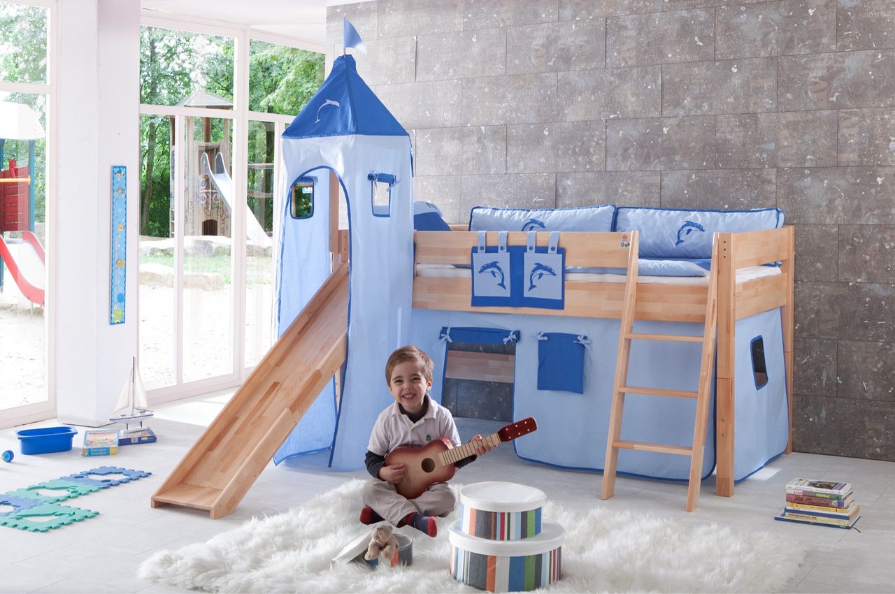 Relita Spielbett KIM 90x200 cm, mit Rutsche, Turm Buche massiv natur lackiert Stoffset blau/delfin