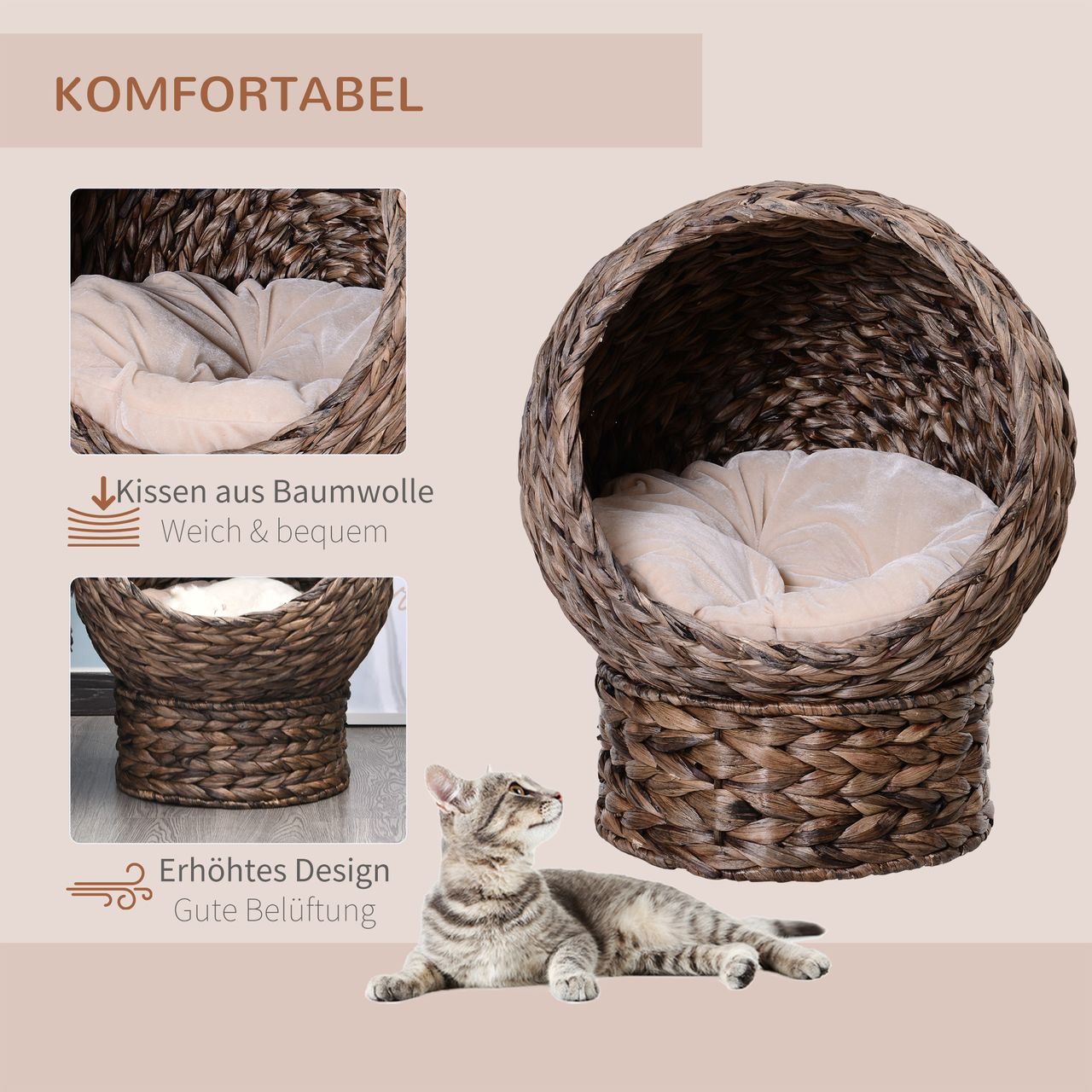 PawHut Rattan Katzenkorb Katzenhütte Katzenhöhle mit Kissen Haustierbett Braun