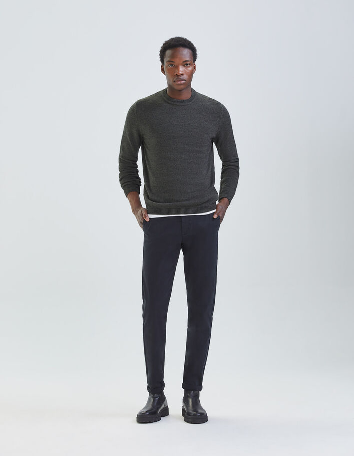 Pull kaki tricot mouliné à col rond Homme