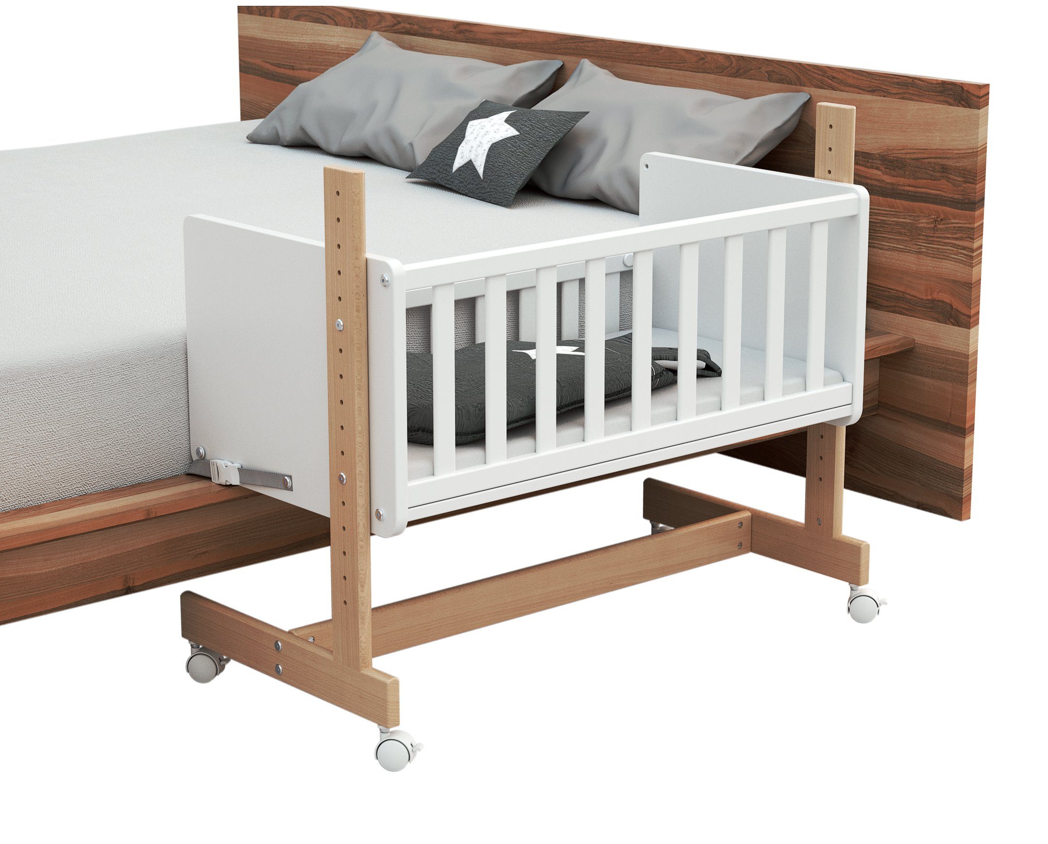 Osann Beistellbett Beistellbett 5in1, umbaubares Babybett aus Holz mit Matratze, Rollen, Gitterbett
