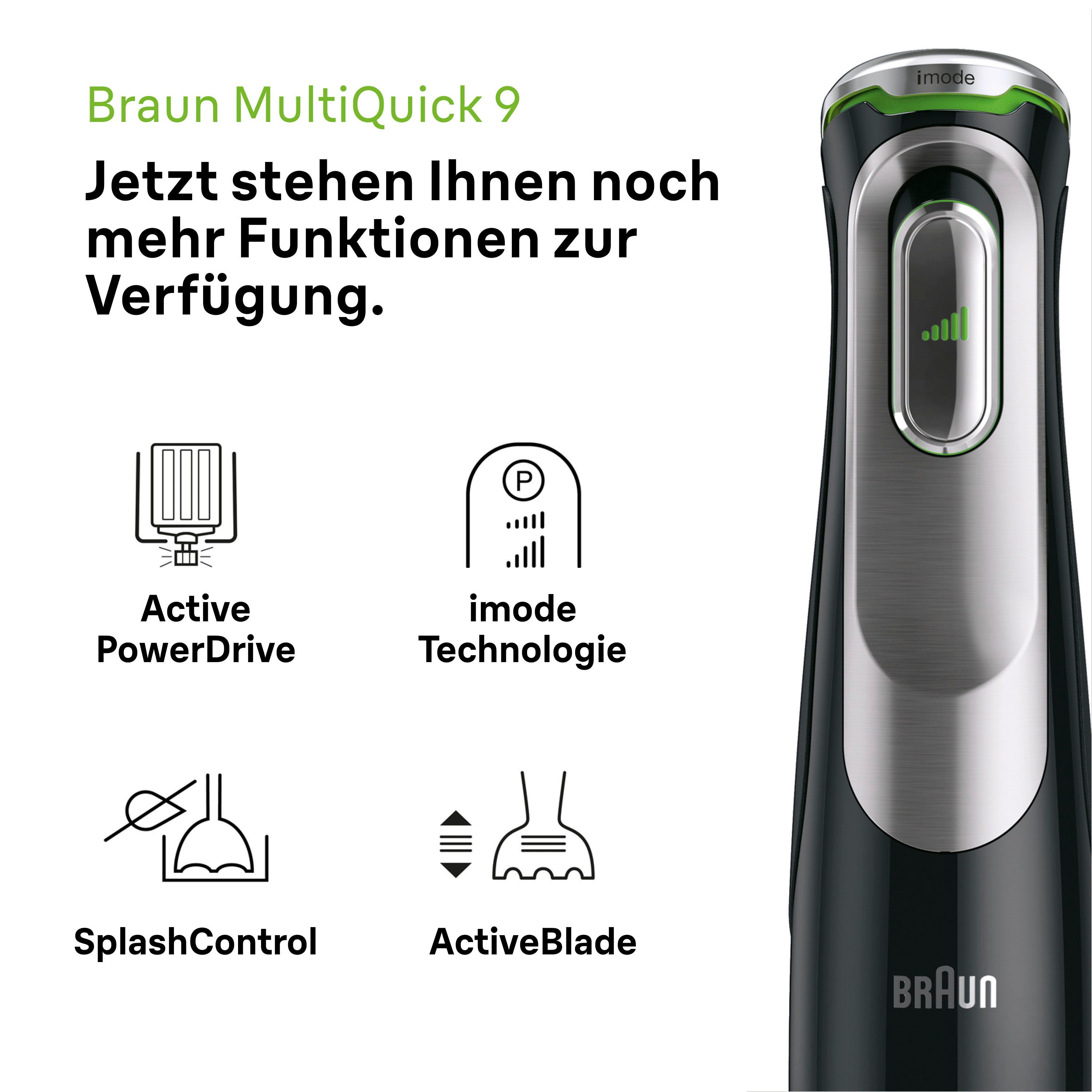 Braun Stabmixer MQ 9147X MultiQuick 9, 1200 W, Schneebesen, Mixeraufsatz, Zerkleinerer, Gemüsestampfer, 0,6l Behälter