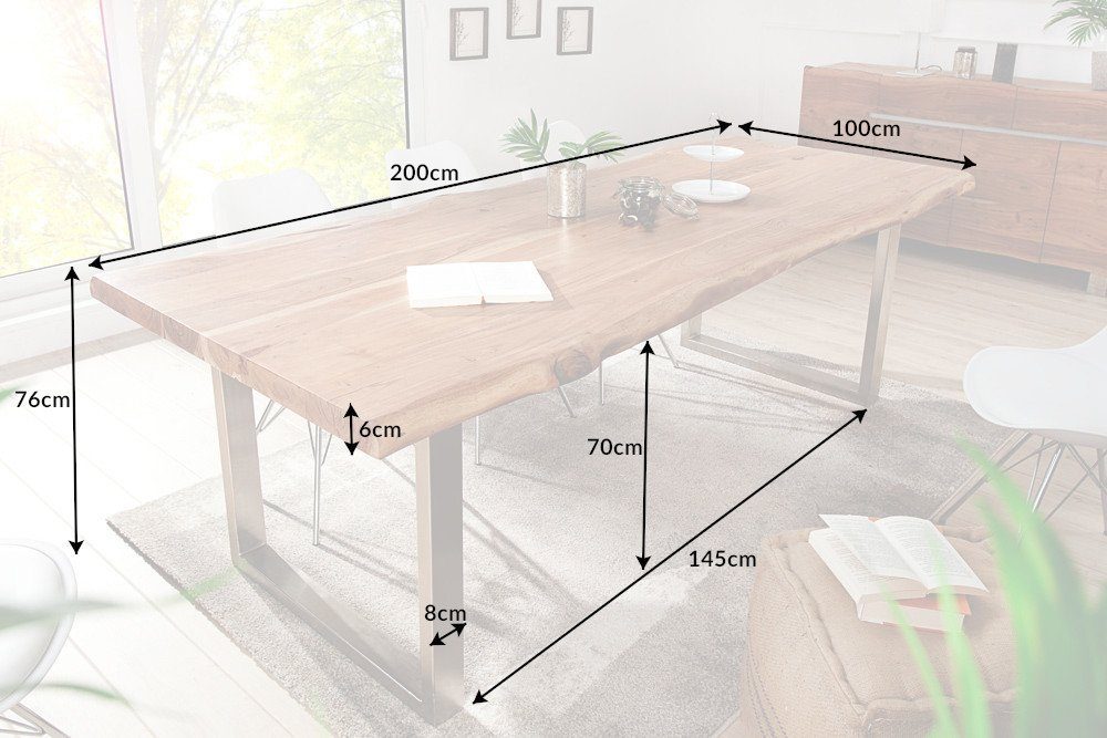 riess-ambiente Baumkantentisch MAMMUT NATURE 200cm honigfarben (natur) / silber (Einzelartikel, 1-St), Massivholz · Edelstahl · Kufen · 6cm Platte · lackiert · Esszimmer