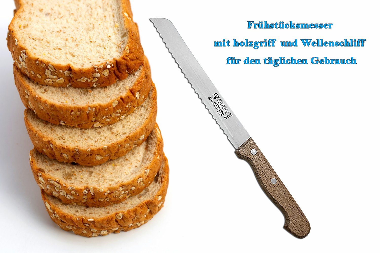 SMI Brotmesser Solingen Brotmesser 20 cm Wellenschliff Brötchenmesser Buchenholz
