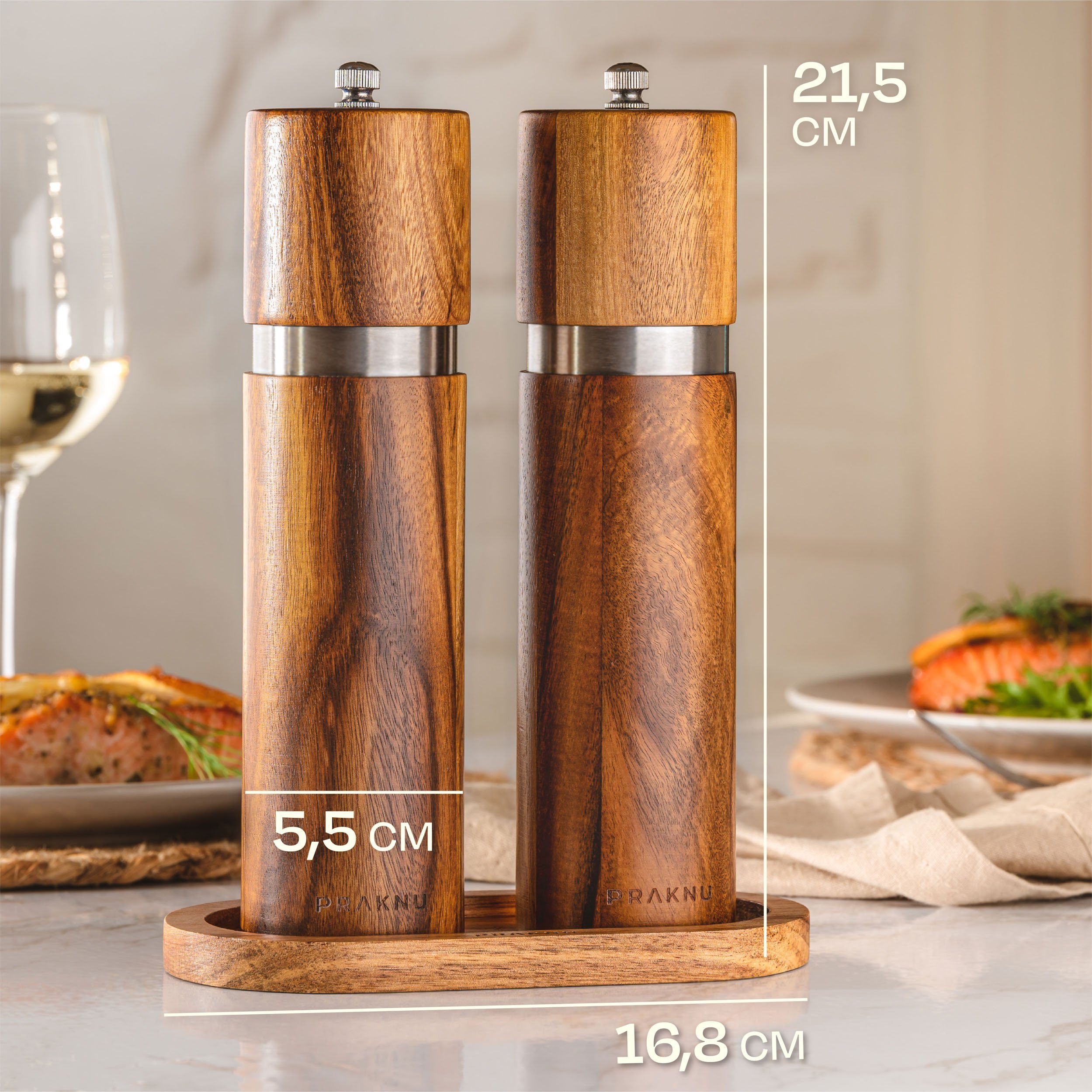 Praknu Gewürzmühle Salz- und Pfeffermühle aus Akazienholz manuell, Nachhaltiges FSC Holz - Langlebiges Keramikmahlwerk - Plastikfrei