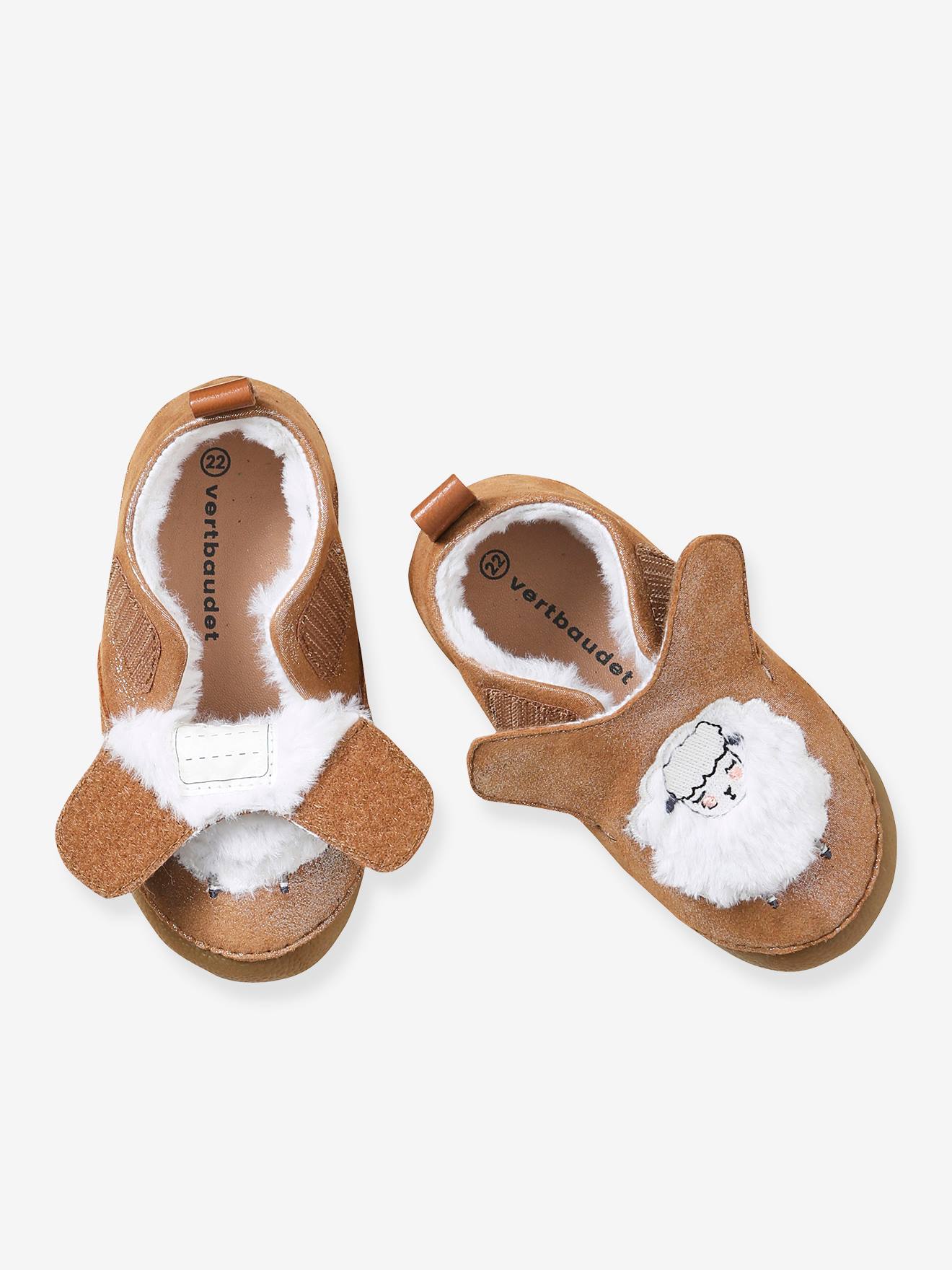 Chaussons fourrés bébé fille en cuir souple camel pailleté