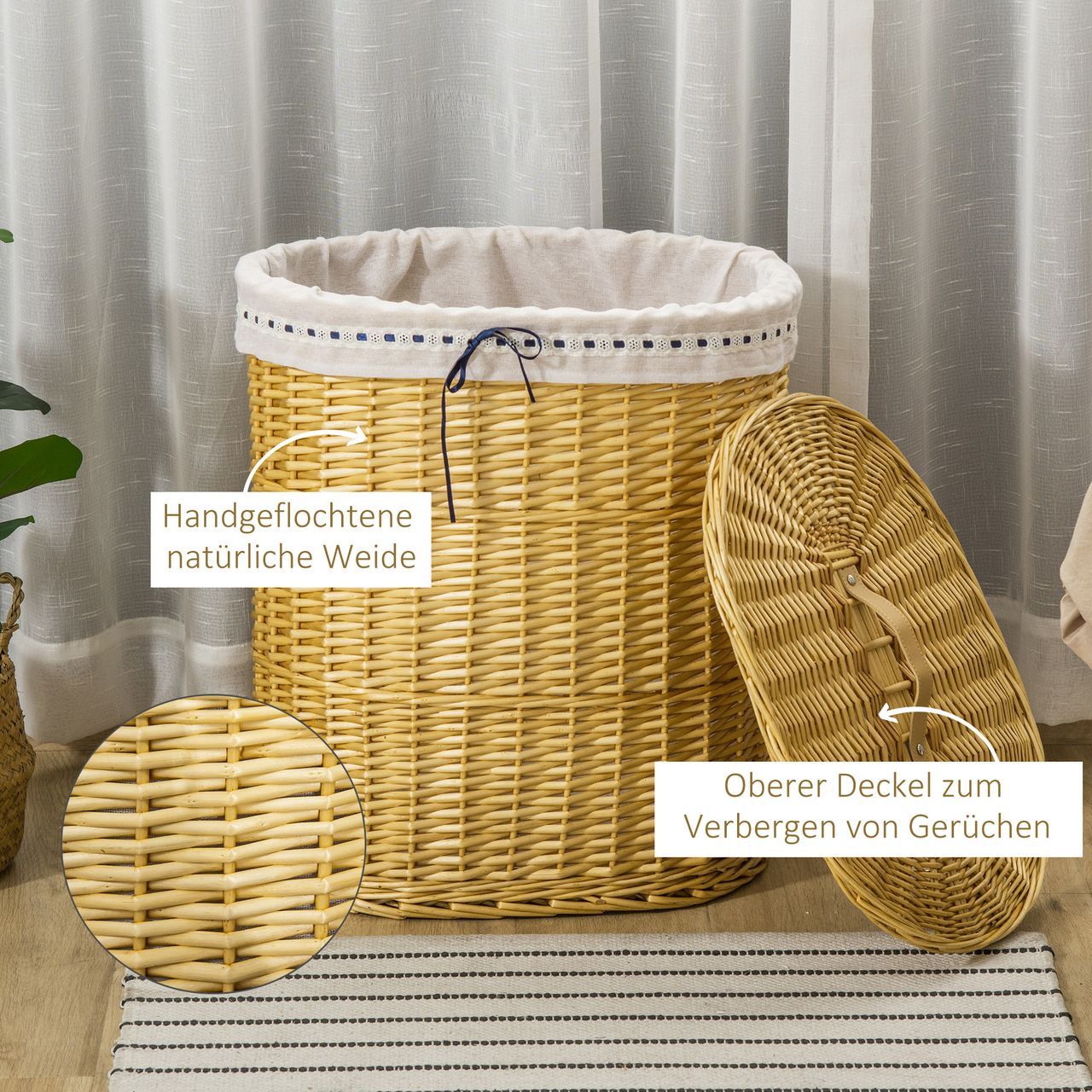 HOMCOM Wäschekorb aus Weide Weidenrute Wäschebox Wäschesammler geflochten mit Deckel Natur 100L 51 x 38 x 57 cm
