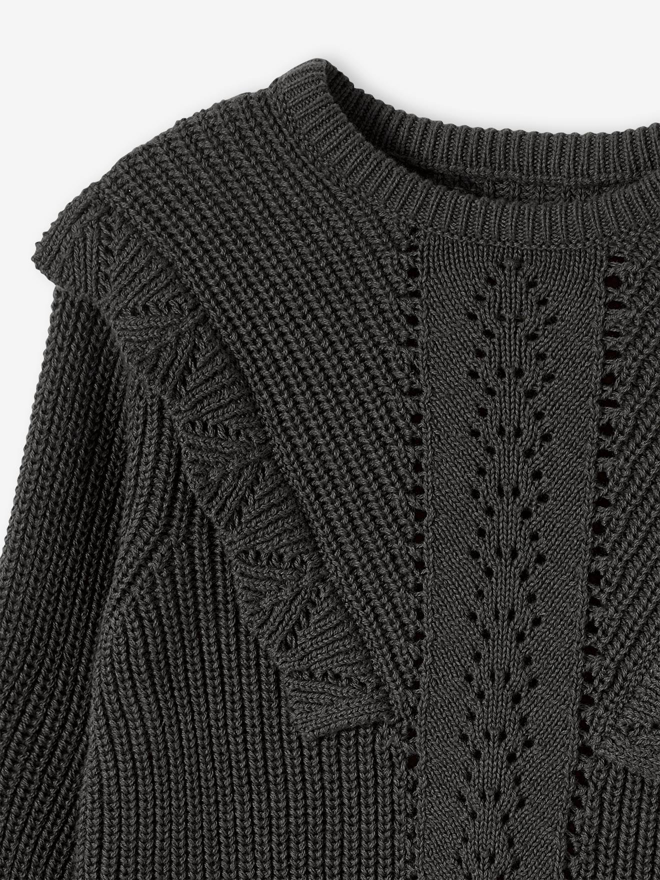 Pull volanté maille fantaisie fille gris foncé