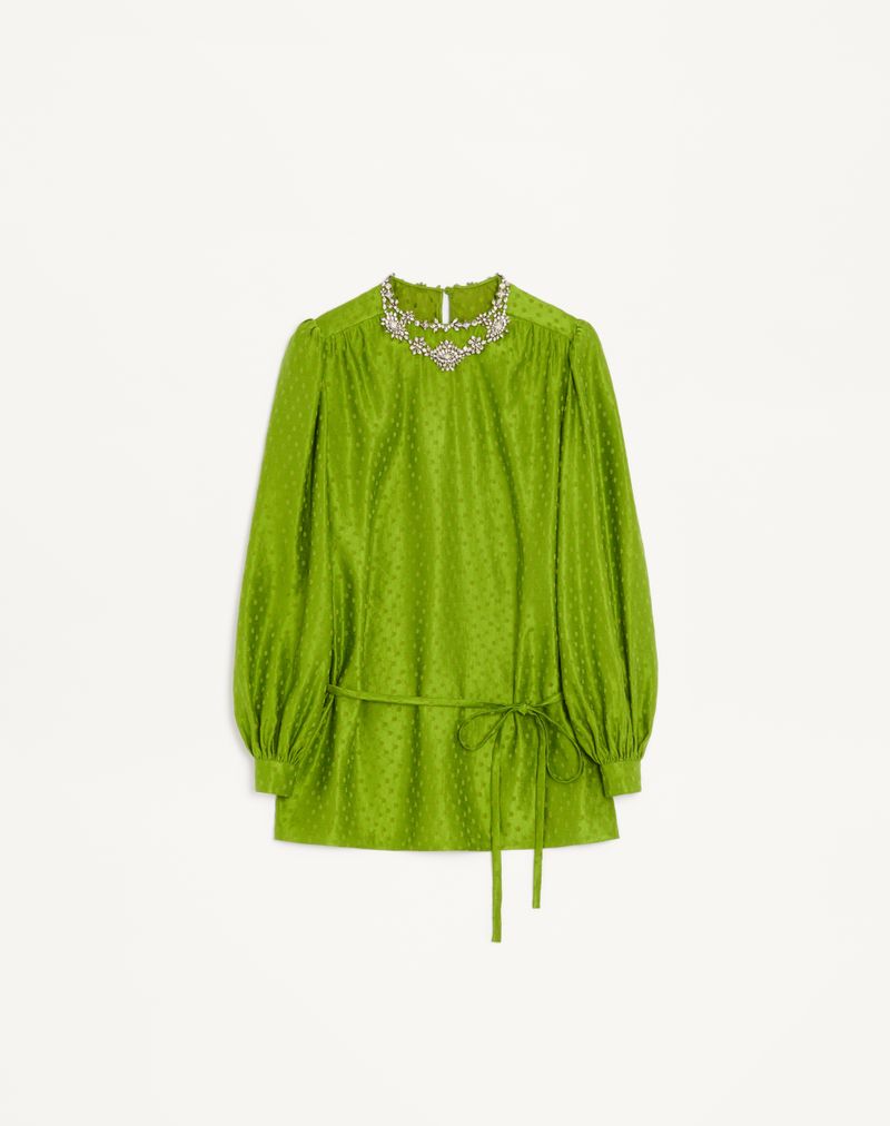 Broderet silke- og hørtop med plus-de-pois-jacquard