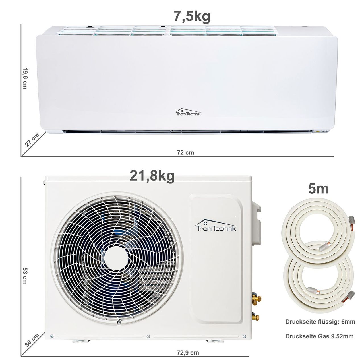 TroniTechnik Reykir Split Klimagerät Klimaanlage mit 9000 BTU, inkl. Zubehör und UV-C Reinigung