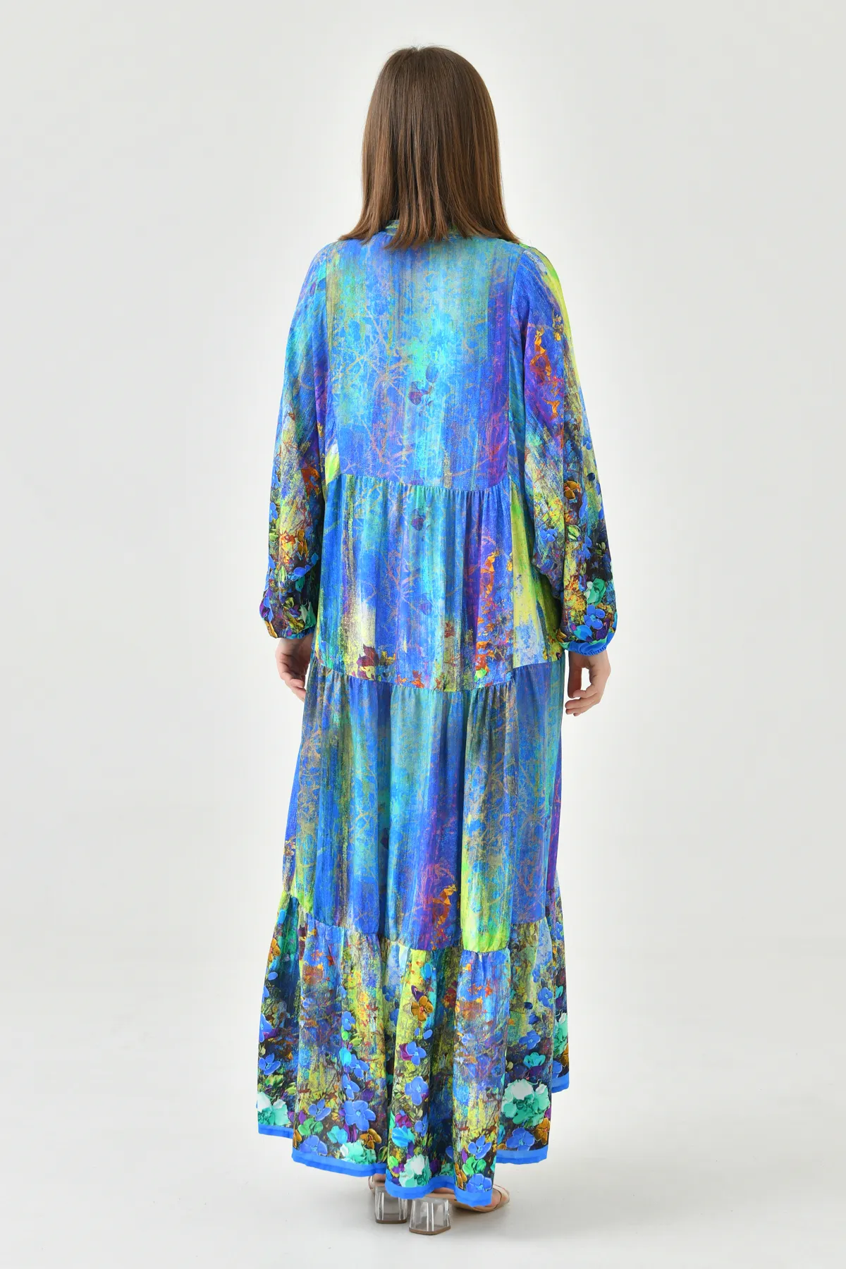 lovebox  Blumengemustertes, geknöpftes, vorherrschendes Kragen-Ballonärmel-Sommerkleid in Midi-Länge, weit ausgestellter Schnitt, 036