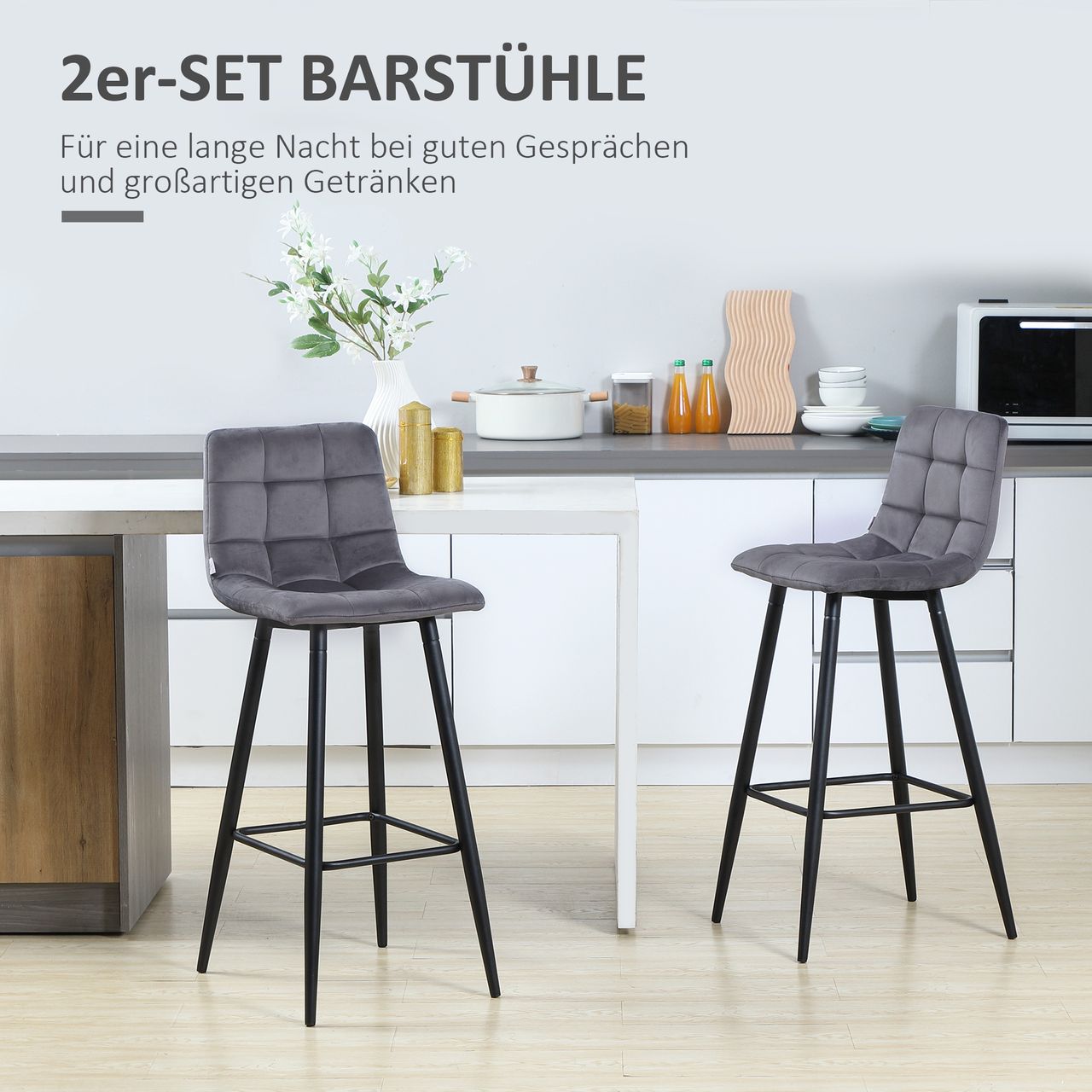 HOMCOM 2er-Set Barhocker mit Fußstütze Barstühle Bezug aus Samt für Wohnzimmer