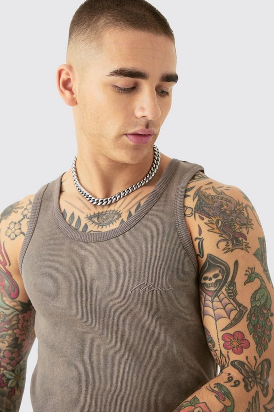 Geripptes Slim-Fit Man Signature Tanktop mit Acid-Waschung