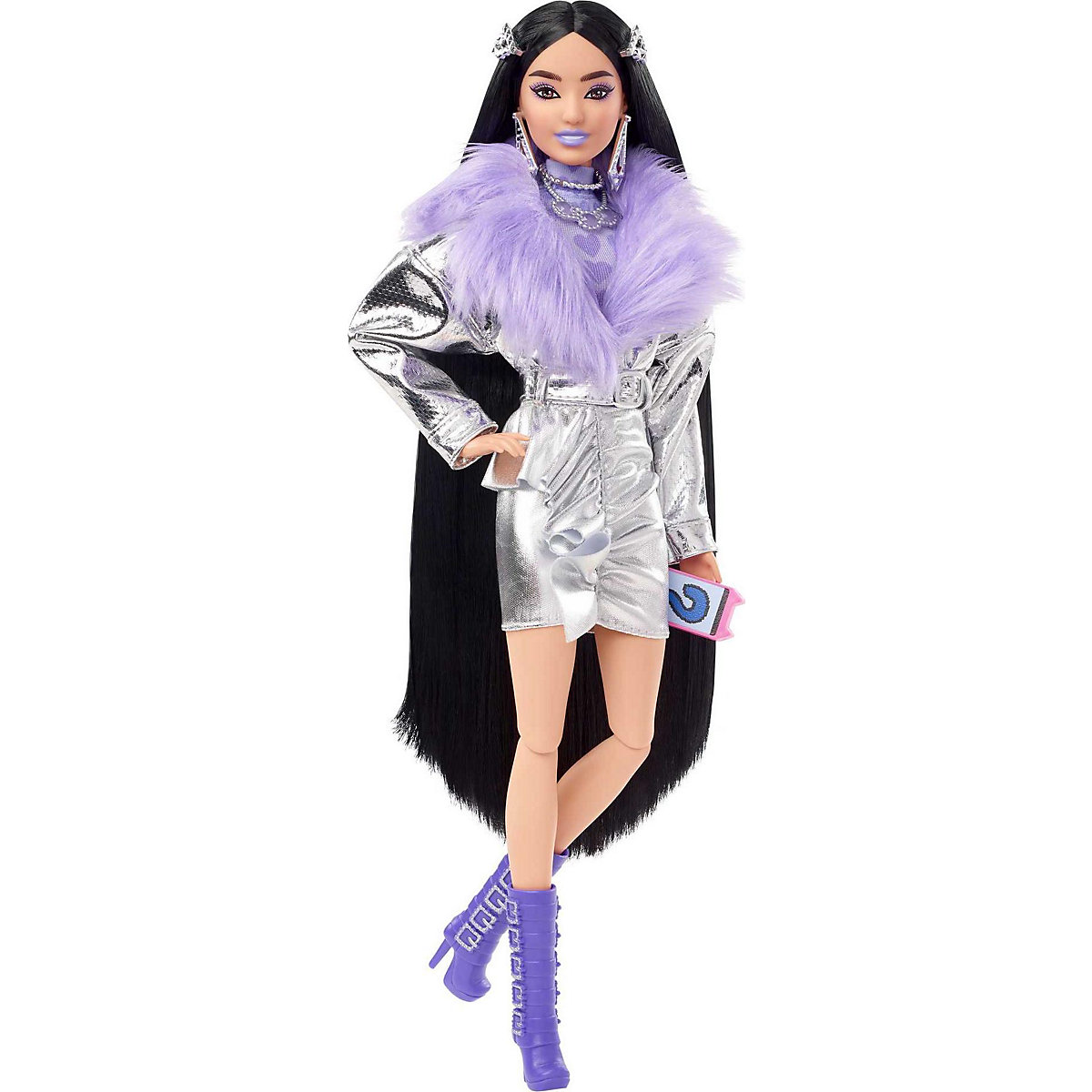 Barbie Extra Puppe mit lila Flausch-Kragen & Stiefel (schwarze Haare)