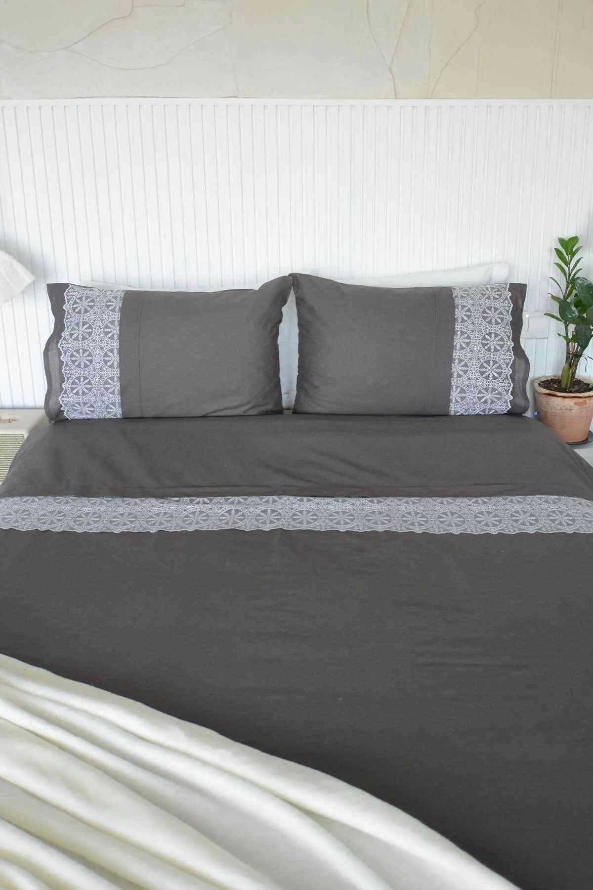 Elart  Bettbezug-Set für Doppelbett, 100 % natürliche Baumwollspitze, 3-teilig, Elsa, Anthrazit