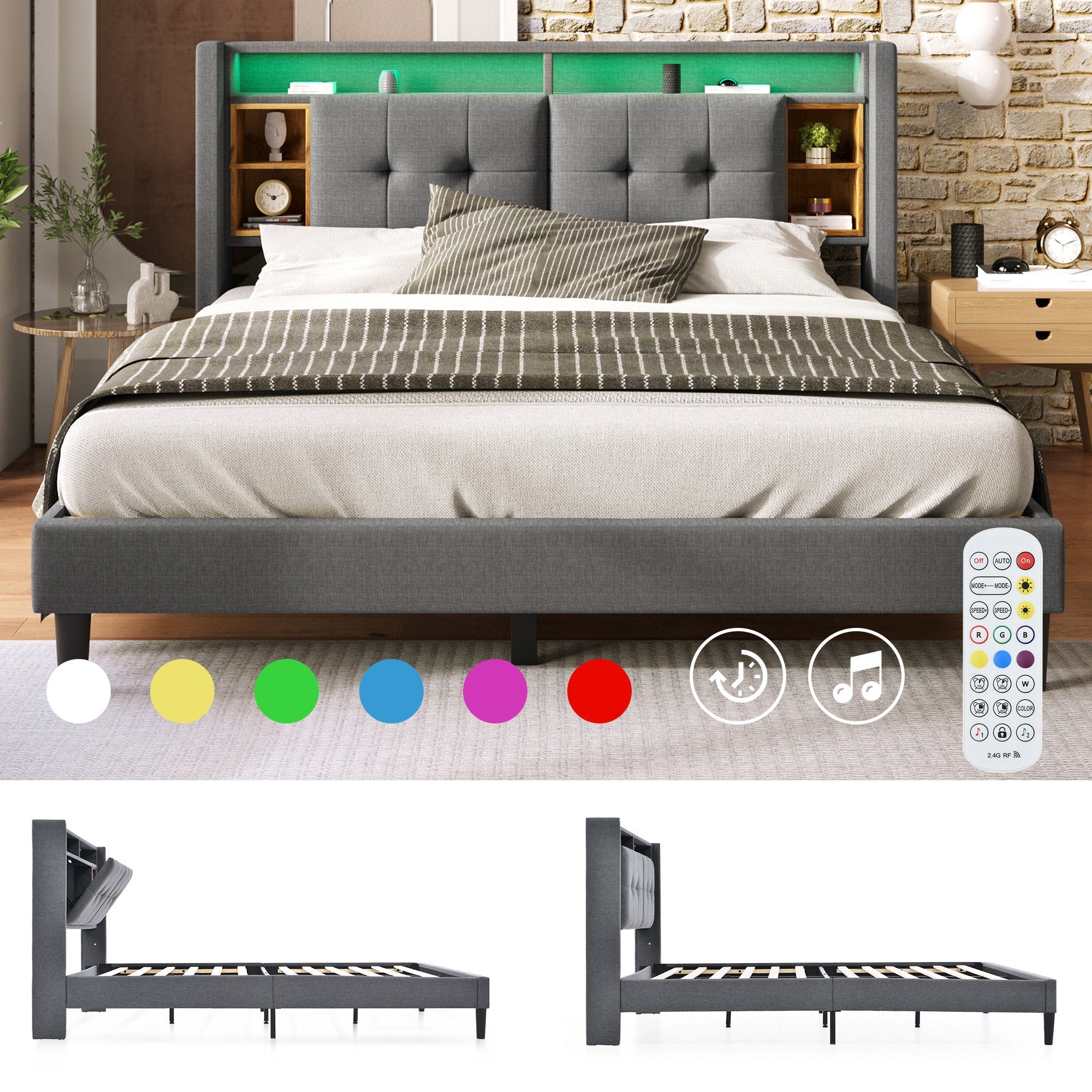 Flieks Polsterbett, LED-Beleuchtung Doppelbett mit Steckdose 140x200cm Leinen