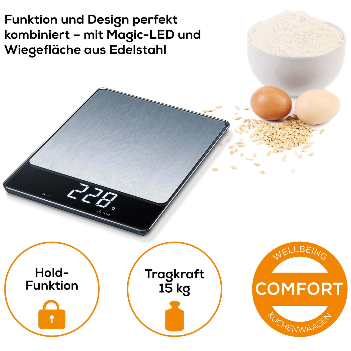 Beurer KS 34 XL Stainless Steel Küchenwaage-Edle XL Küchenwaage im Edelstahl-Design mit Magic-Display bis 15 kg