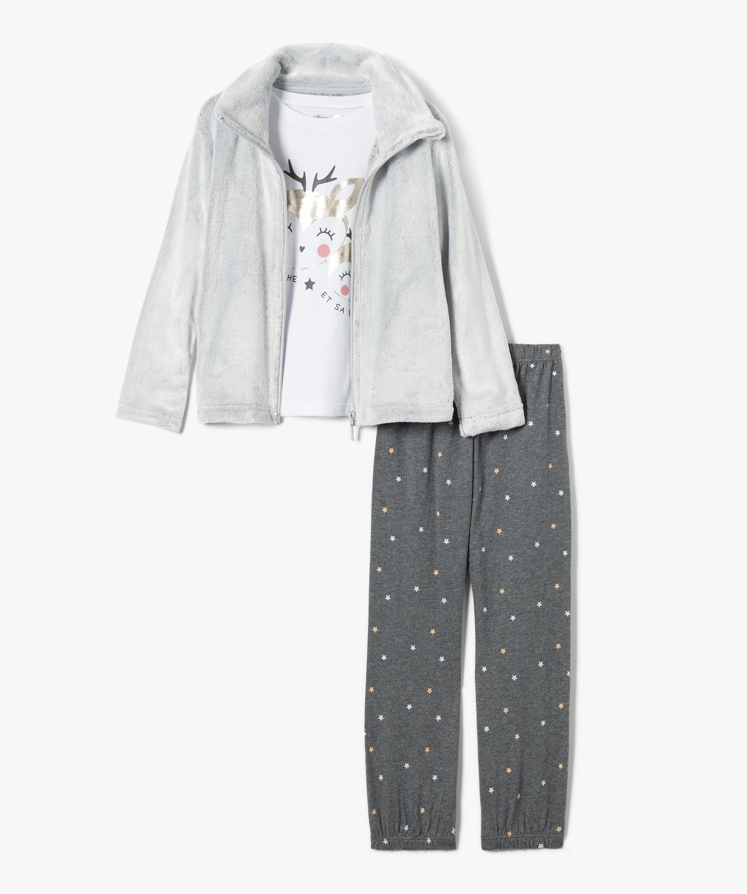 Ensemble nuit fille avec veste peluche, tee-shirt et pantalo... ecru | GEMO