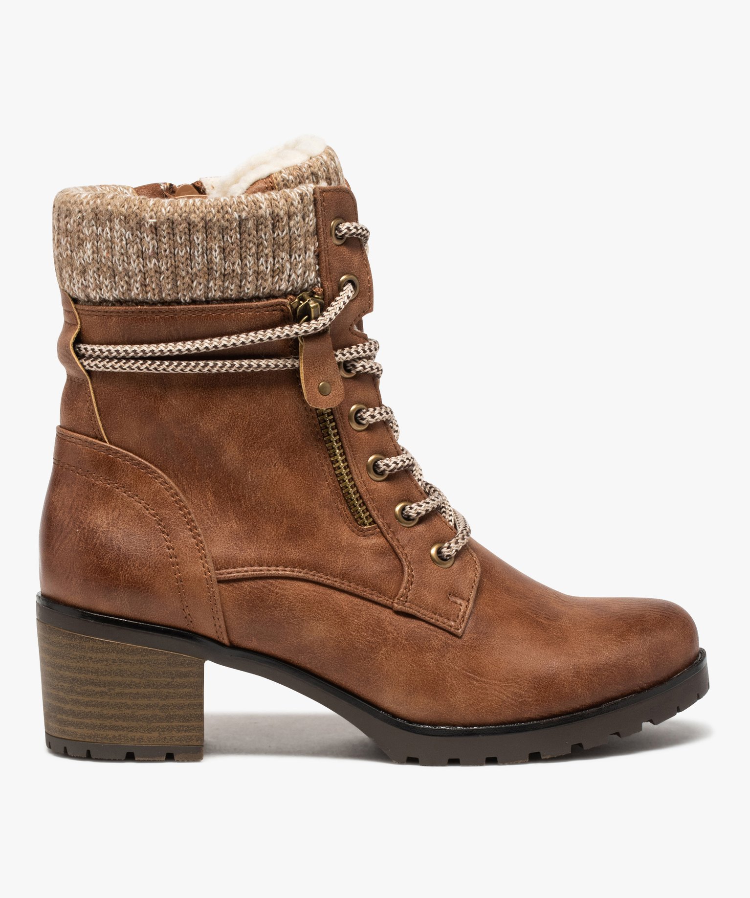 Boots femme à talon et col rembourré en maille camel | GEMO