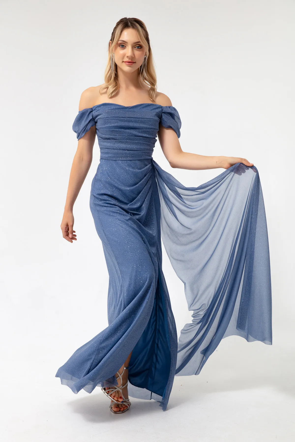 Lafaba  Damen-Abendkleid in Indigo mit U-Boot-Ausschnitt, drapiertem Schlitz, langes, silbernes Abendkleid