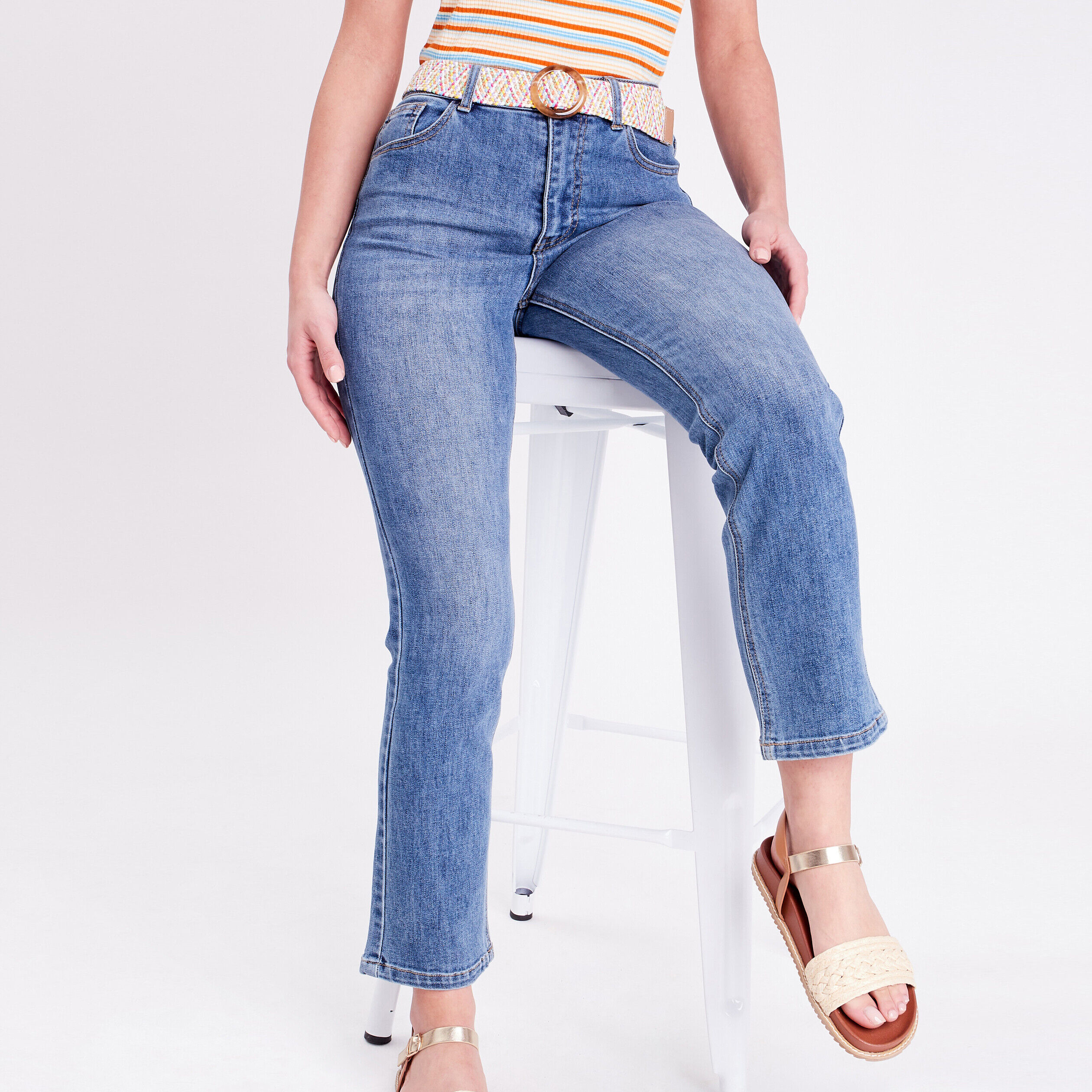 Jeans kick flare ceinturé denim double stone femme | Cache Cache