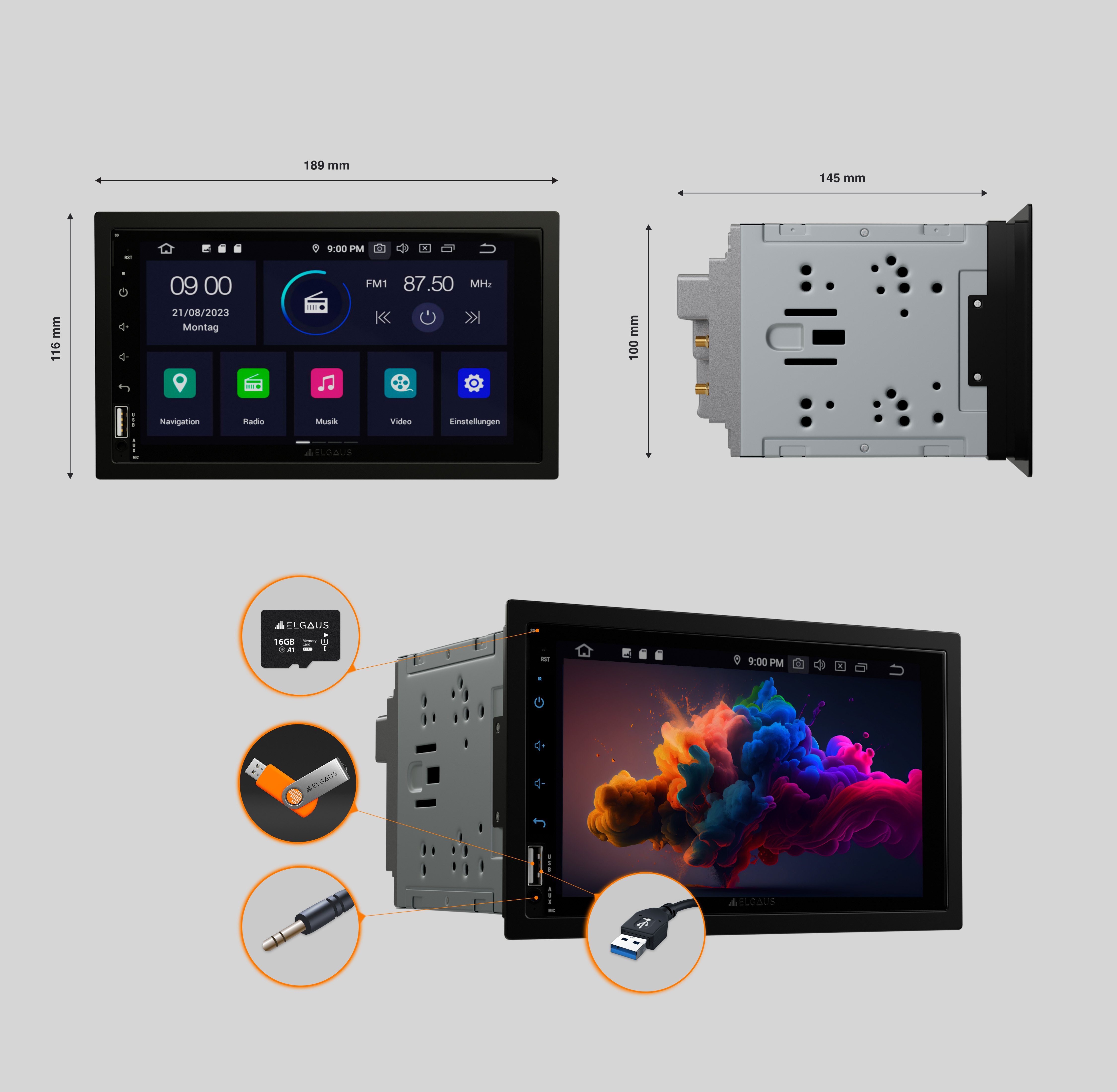 ELGAUS ELGAUS OM-270A universelles 2 DIN Android 11 Autoradio (FM-Tuner mit RDS, Digitalradio (DAB), UKW, CarPlay, Android Auto, RDS, DAB, RGB, Fernbedienung, Manual in DE/EN)