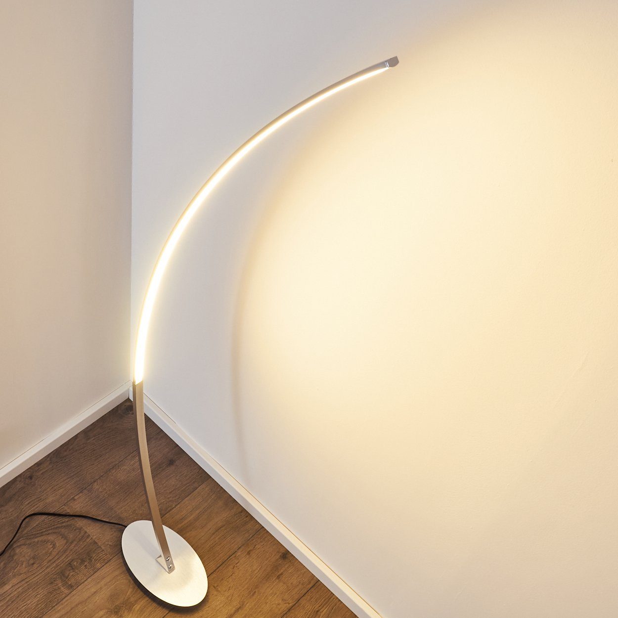 hofstein Bogenlampe Oneto LED Designer Standlampe in Aluminiumgebürstet, mit Fußschalter und Kabel, Leselampe, fest eingebaute LEDs 1100 Lumen