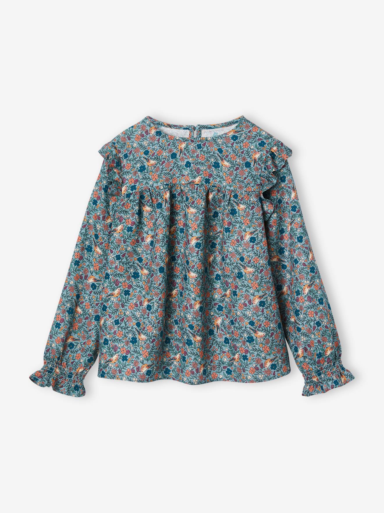 Blouse fleurie fille manches volantées bleu nuit