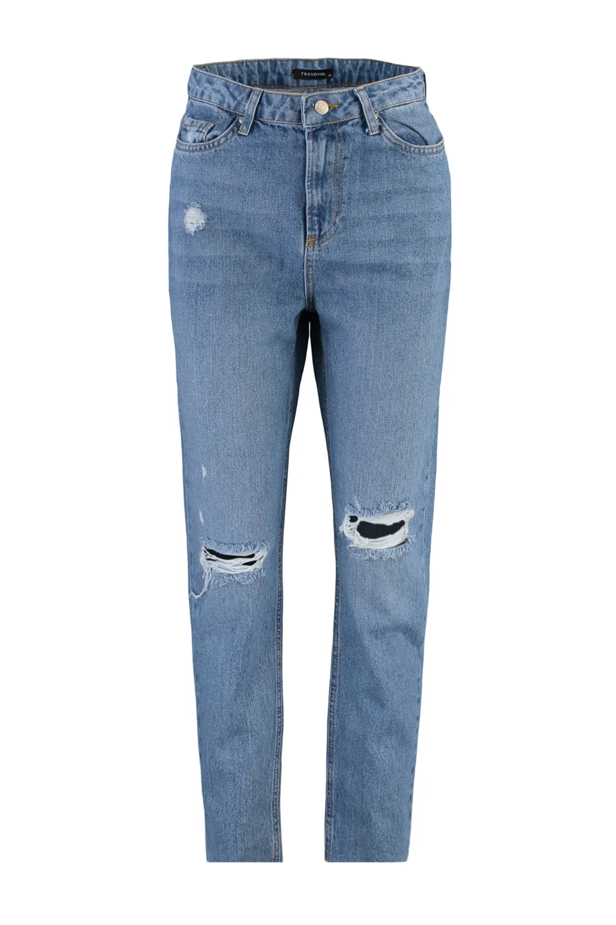 Trendyol Collection  Blaue Mom-Jeans mit zerrissenem Detail und hoher Taille TWOSS20JE0353