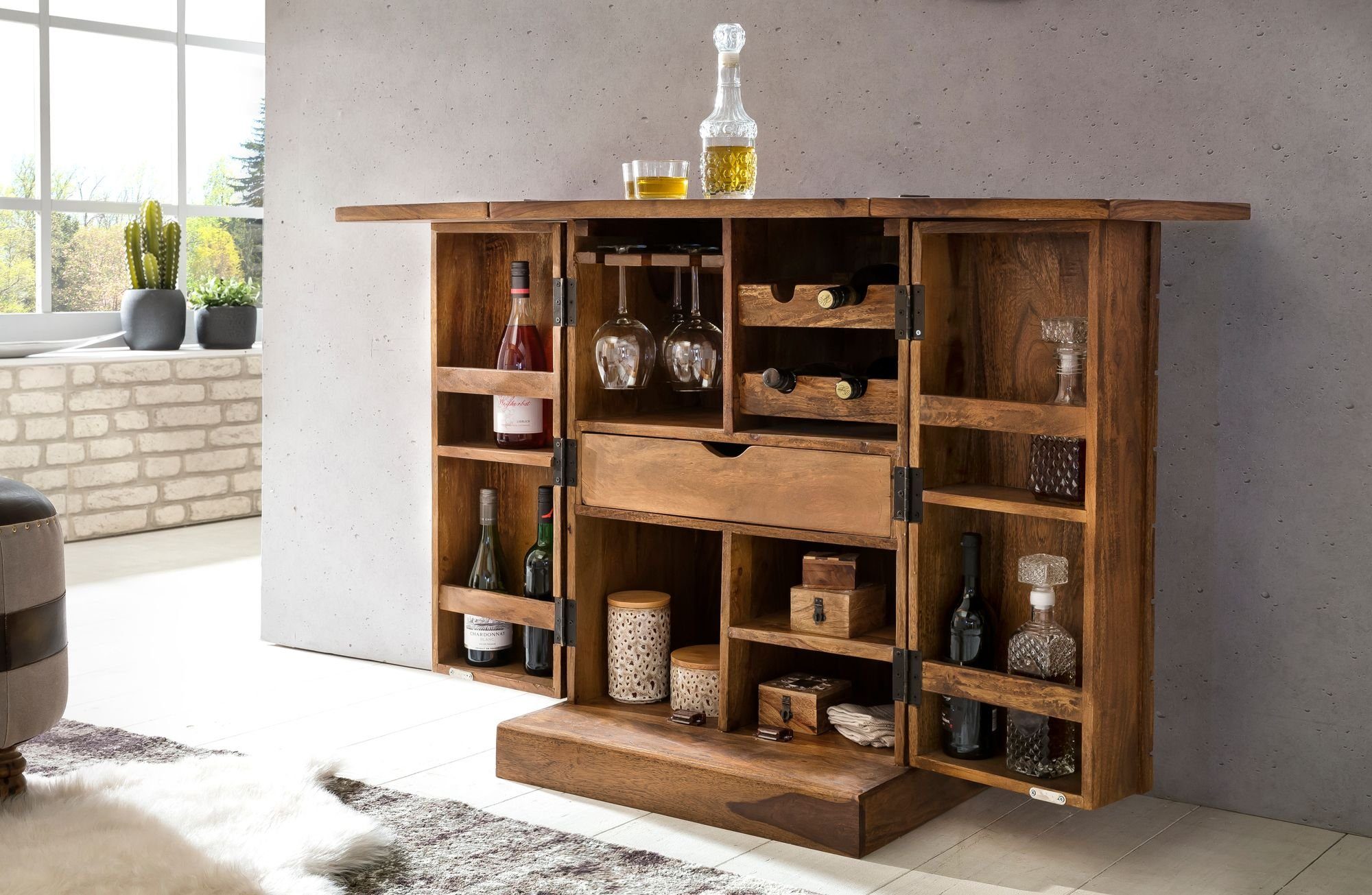 KADIMA DESIGN Barschrank Hausbar Massivholz Sheesham Vitrine ausklappbar