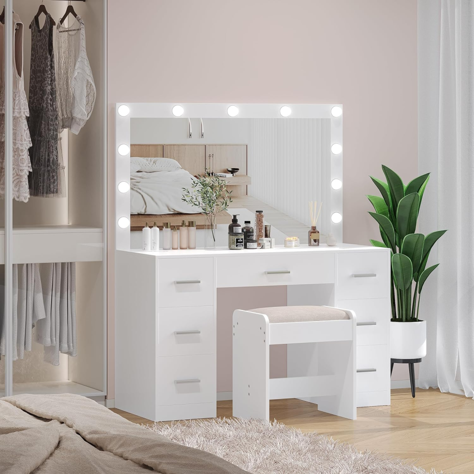 Vanity Desk with Stool, Makeup Table with Lighted Mirror, 3 Color Lighting Modes, Brightness Adjustable, Dressing Table