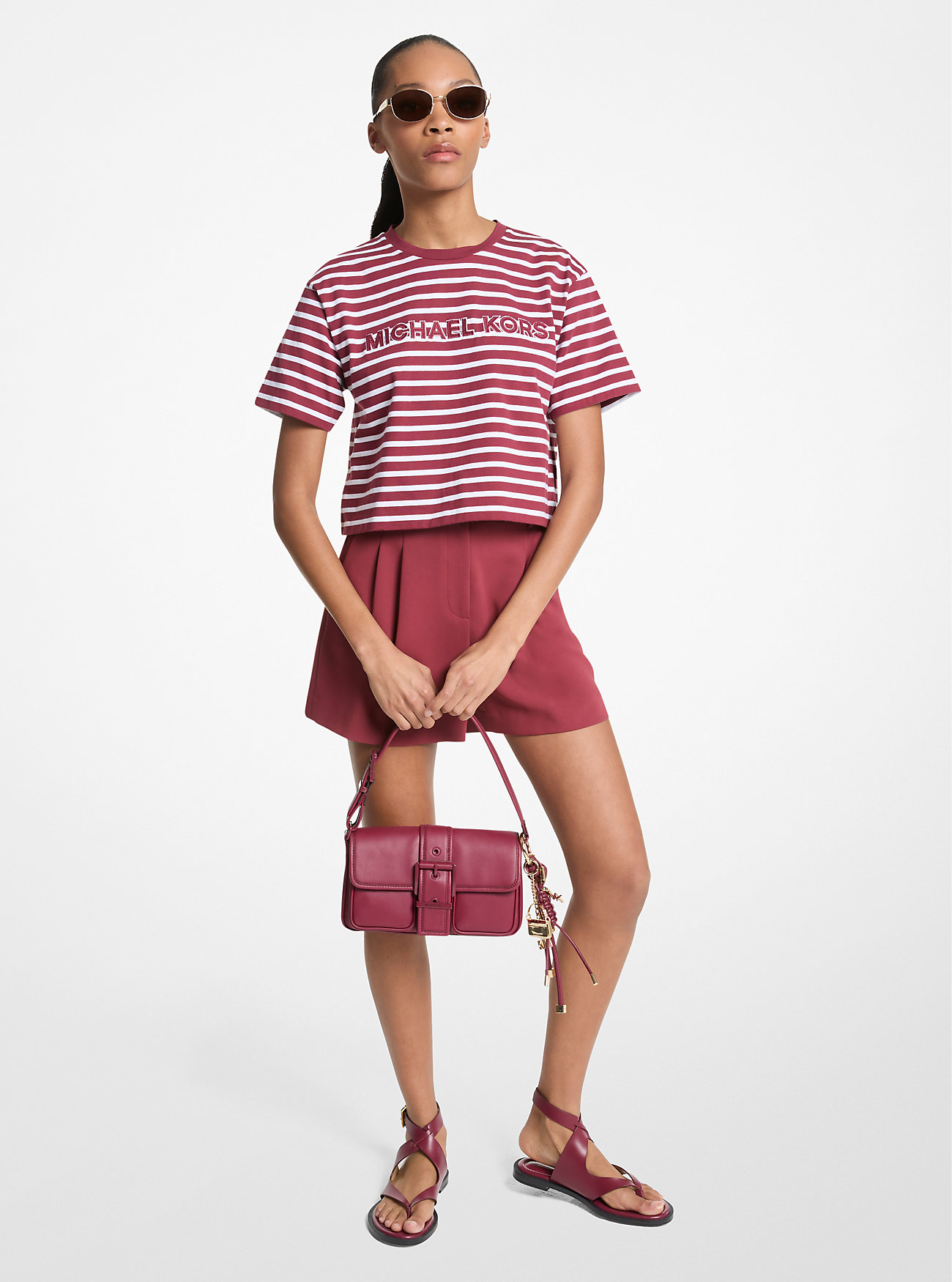 Stripete Logo Bomulls Cropped T-skjorte - DEEPMULBERRY