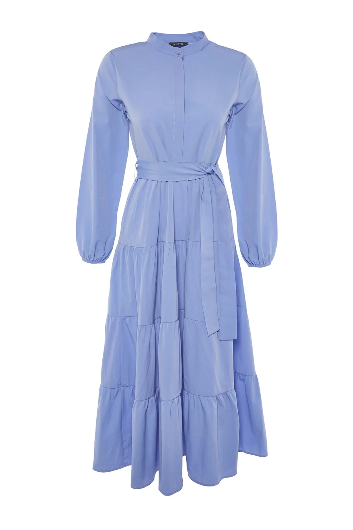 Trendyol Modest  Lila gewebtes Kleid mit Gürtel, Chefkragen und Knopfdetail TCTSS21EL3343