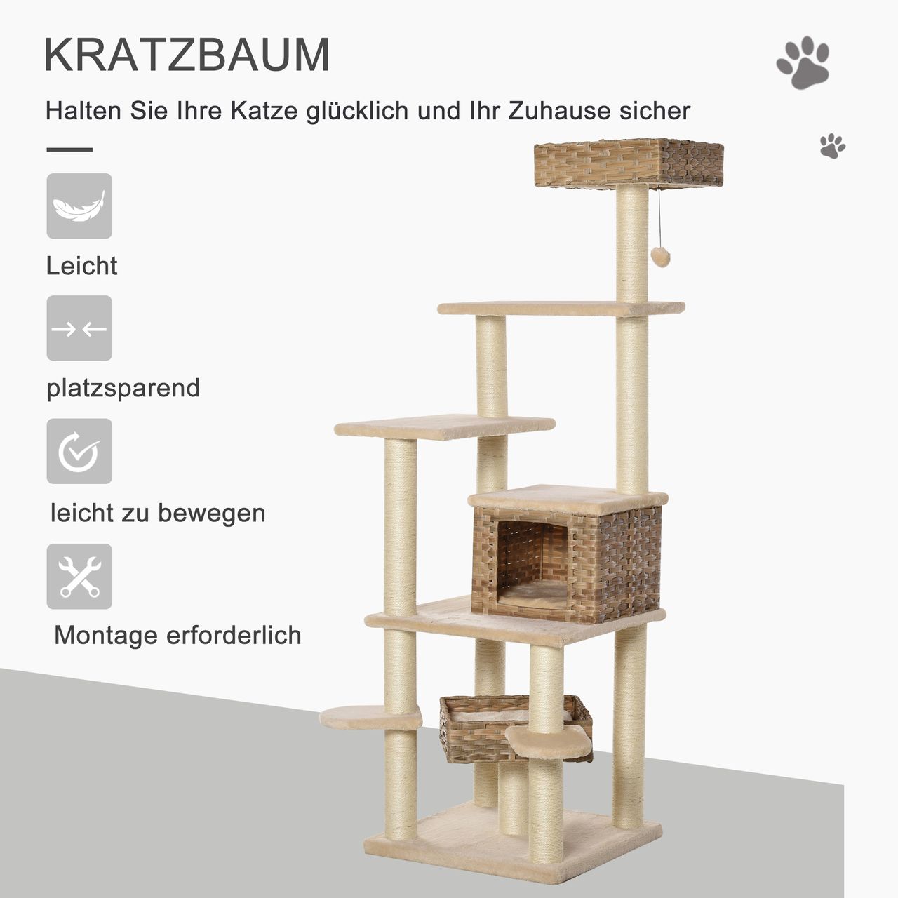 PawHut Rattan Kratzbaum mit Katzenhöhle Hängematte Mehrstufiger Katzenbaum Kletterbaum für Katzen E1 MDF Sisal Beige Braun 55 x 55 x 174 cm