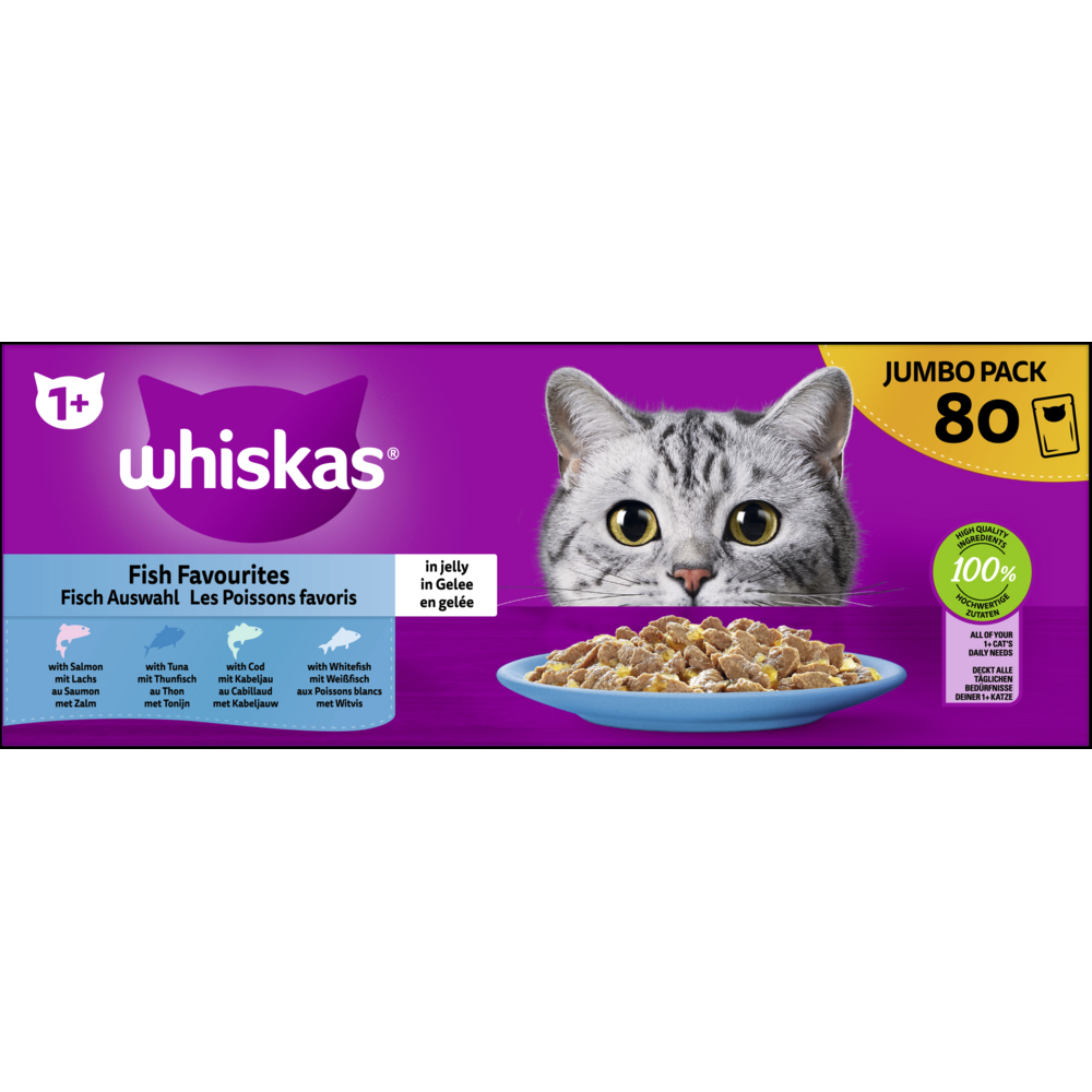 Whiskas Portionsbeutel Multipack Jumbo Pack 1  Fisch Auswahl in Gelee 80 x 85g