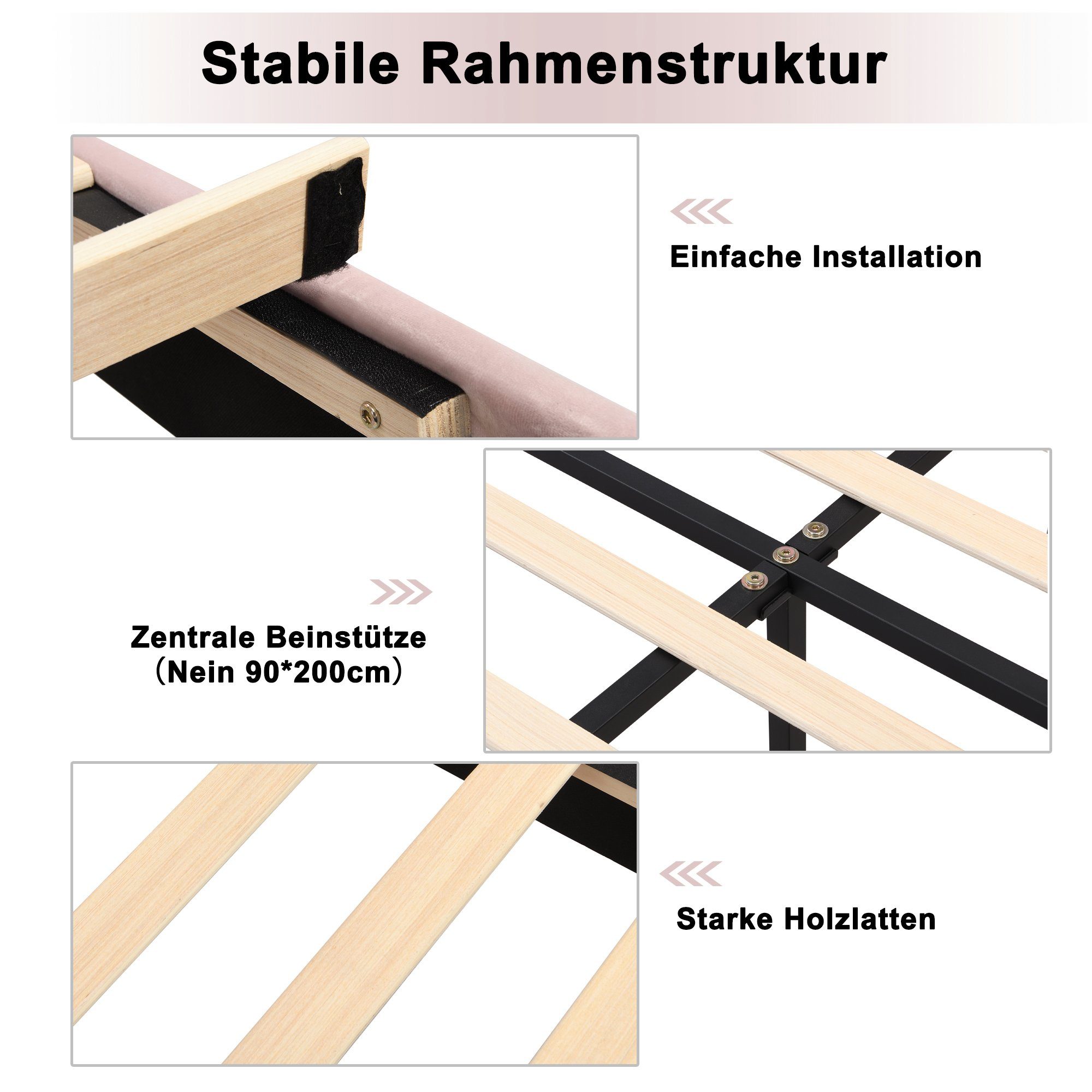 Flieks Polsterbett, Samt Doppelbett mit höhenverstellbarem Muschel-Form-Kopfteil 140x200cm