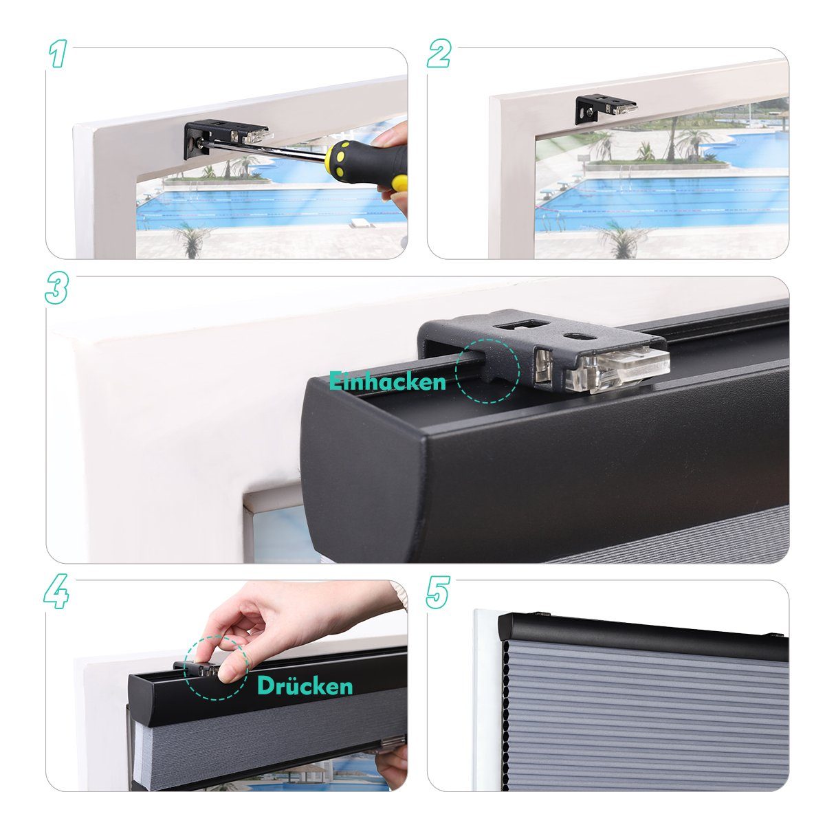 Verdunklungsrollo Wabenplissee mit Bohren Verdunkelung Rollo 100% verdunkelnd Blickdicht, Sekey, Bohren, verspanntauf, Kabelloses Design ist sicherer, Lichterschutz, Aluminiumschiene