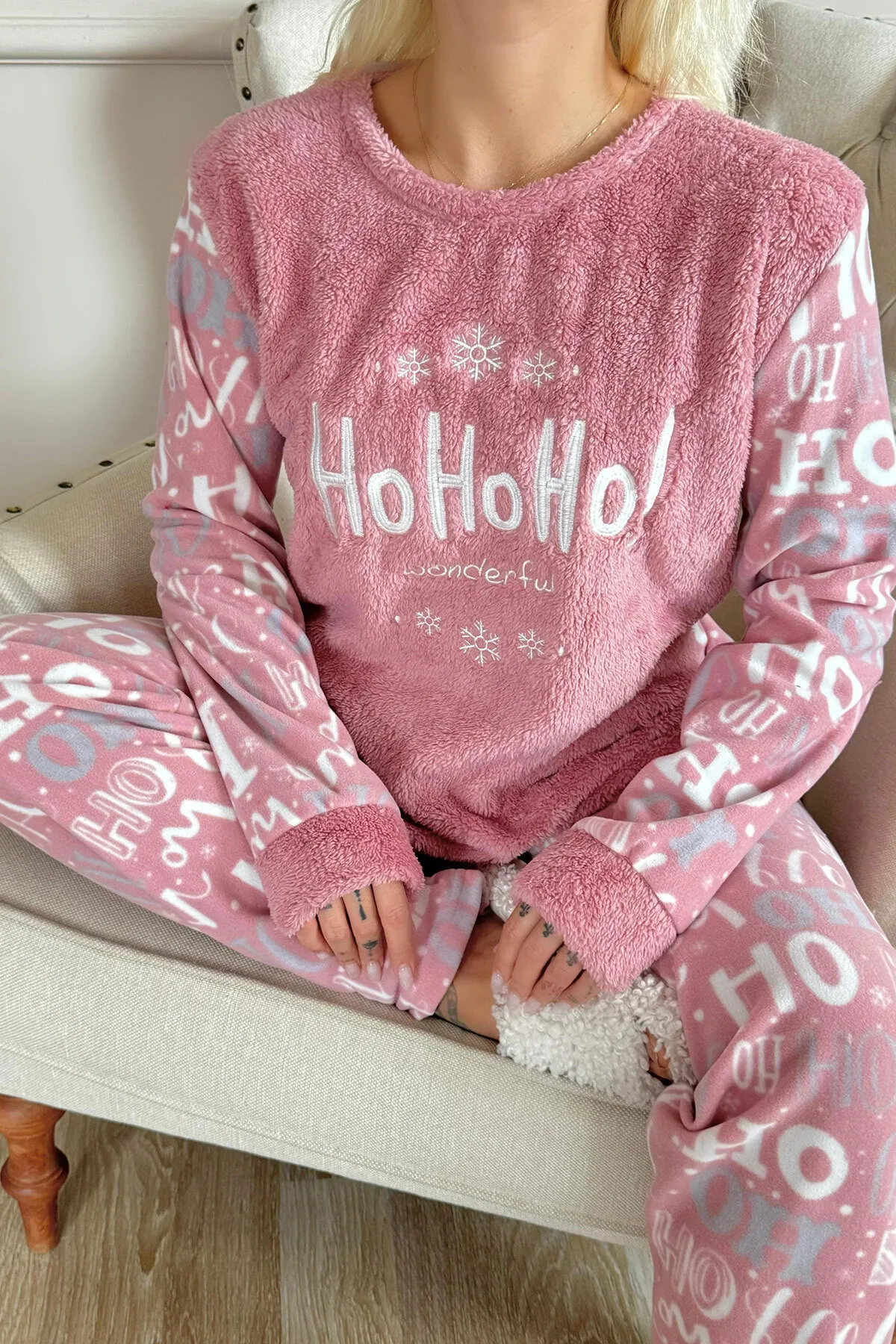 Pijamaevi  Rosa Hoho gemustertes Plüsch-Pyjama-Set für Damen
