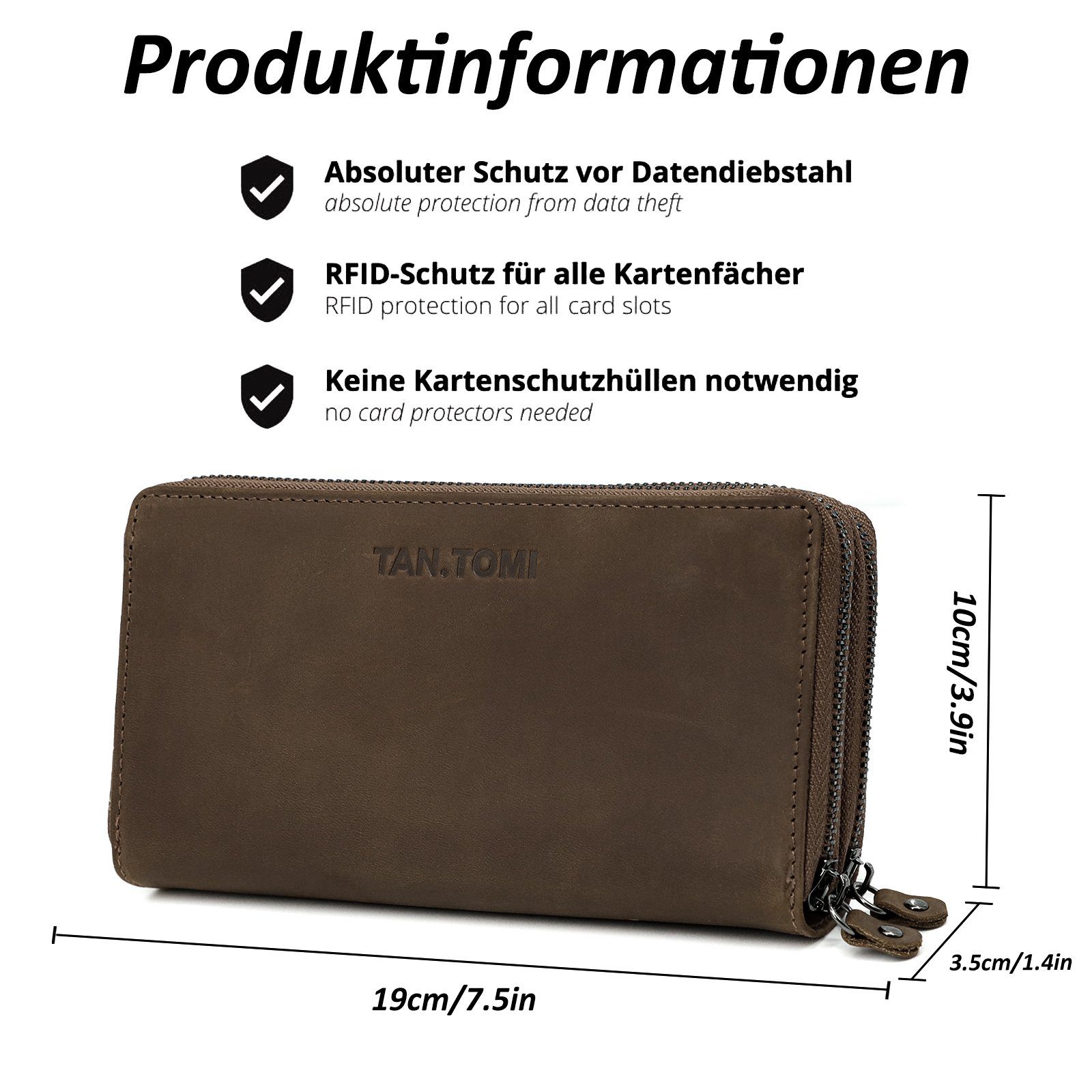 TAN.TOMI Geldbörse Brieftasche Geldbeutel Büffel Leder Braun groß im Langformat Vintage, RFID Schutz mit doppelten Reißverschlüssen und vielen Fächern