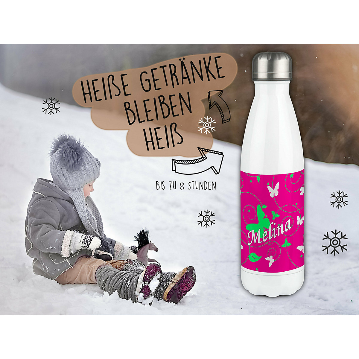 Edelstahl Kinder Thermoflasche / Trinkflasche bunt Schmetterling Ornamente Farbe pink apfelgrün Spülmaschinenfest, Auslaufsicher, Bruchfest, Doppelwandig, Für Heißgetränke geeignet, Mit Deckel, I