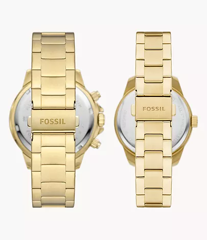Fossil Outlet Set für Damen und Herren Uhr Multifunktionswerk Edelstahl goldfarben