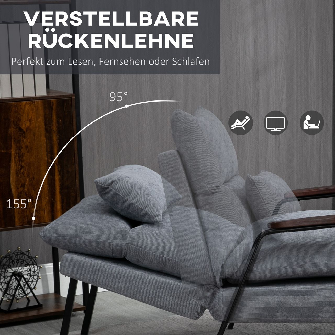 HOMCOM Relaxsessel mit Hocker,  Verstellbar Fernsehsessel mit Liegefunktion Grau